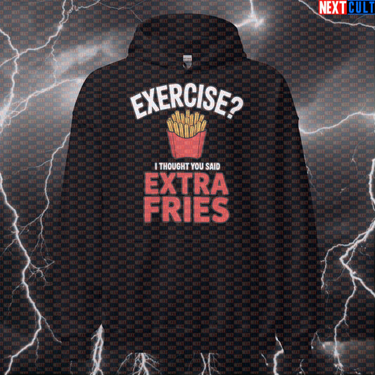 Exercise Extra Fries Gym Hoodie | Funny Workout Hoodie For Lifters & Fitness Meme Fans | Hooded Pullover Hoodies Bodybuilding Bulking Fast Food Fitness Gym Pump Cover Workout Next Cult Brand