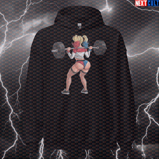 Booty Builder Gym Hoodie | Harley Quinn Workout Hoodie For Leg Day & Squat Gains | Funny Fitness Hoodie Bodybuilding Films Fitness Gym Harley Quinn Leg Day Powerlifting Pump Cover Superheroes Workout Next Cult Brand