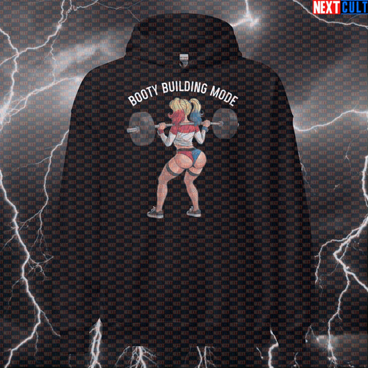 Booty Builder Gym Hoodie | Harley Quinn Workout Hoodie For Squats & Leg Day | Funny Fitness Meme Pullover Bodybuilding Films Fitness Gym Harley Quinn Leg Day Powerlifting Pump Cover Superheroes Workout Next Cult Brand