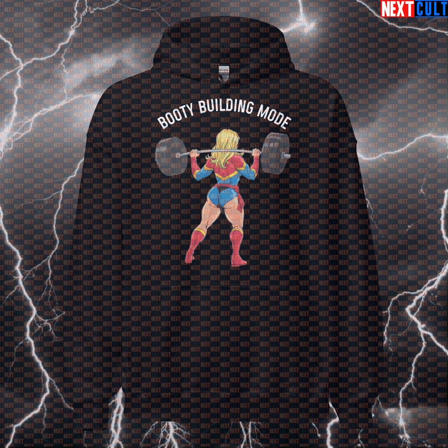 Funny Booty Building Mode Gym Hoodie | Workout Hoodie For Leg Day & Squats | Fitness Meme Hooded Sweatshirt Hoodies Avengers Bodybuilding Captain Marvel Films Fitness Gym Leg Day Powerlifting Pump Cover Superheroes Workout Next Cult Brand