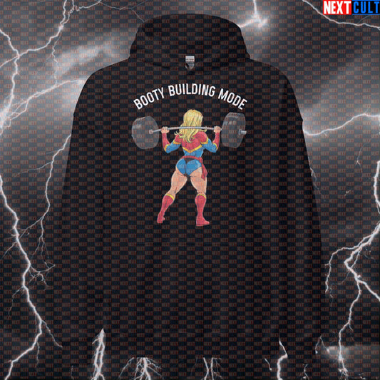 Funny Booty Building Mode Gym Hoodie | Workout Hoodie For Leg Day & Squats | Fitness Meme Hooded Sweatshirt Hoodies Avengers Bodybuilding Captain Marvel Films Fitness Gym Leg Day Powerlifting Pump Cover Superheroes Workout Next Cult Brand