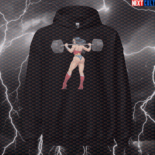 Wonder Lifter Gym Hoodie | Funny Workout Hoodie For Squats & Leg Day Gains | Superhero Hooded Sweatshirt Bodybuilding Films Fitness Gym Justice League Leg Day Powerlifting Pump Cover Superheroes Wonder Woman Workout Next Cult Brand