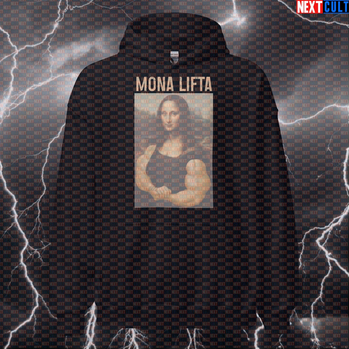 Mona Lifta Gym Hoodie | Funny Mona Lisa Workout Hoodie | Artistic Fitness Meme Hooded Sweatshirt Hoodies Art Bodybuilding Fitness Gym Mona Lisa Pump Cover Workout Next Cult Brand