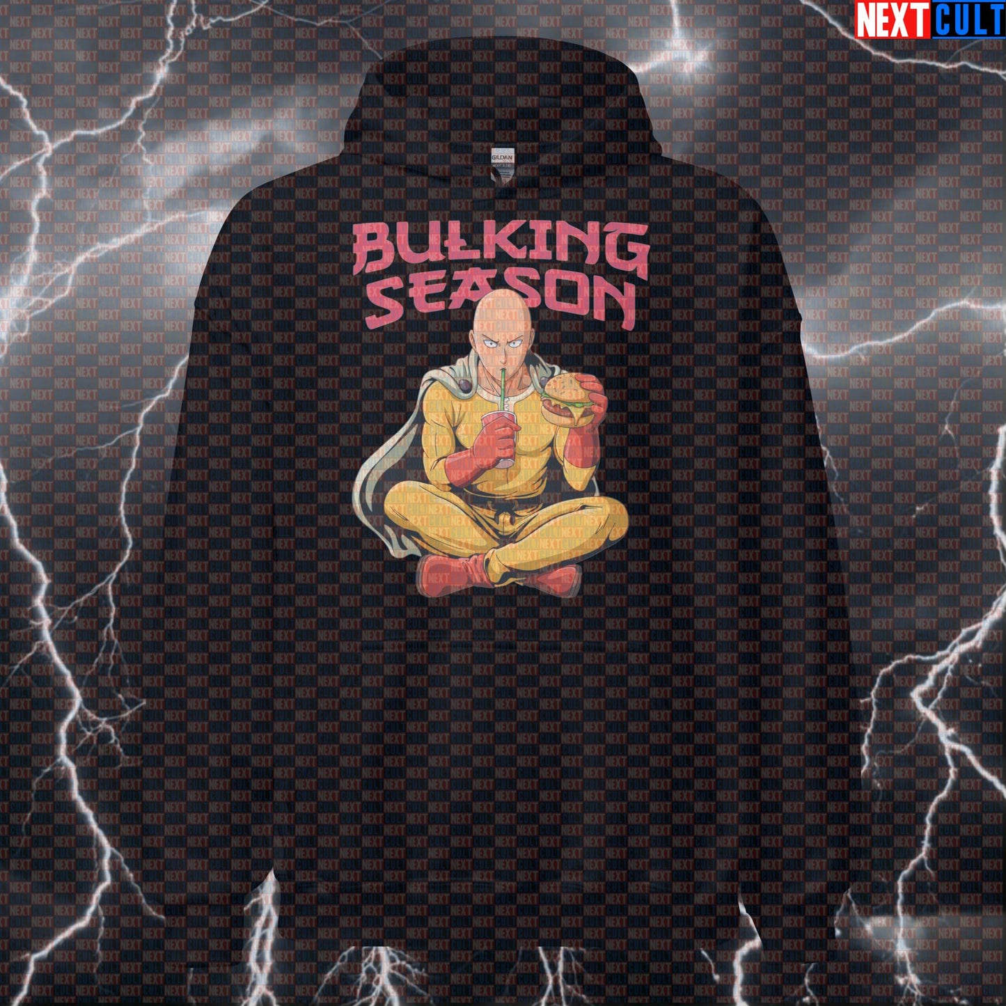 Bulking Season Anime Gym Hoodie | Funny Fast Food Meme Workout Hoodie For Lifters | Calorie Surplus Pullover Anime Bodybuilding Bulking Fast Food Fitness Gym Pump Cover TV Workout Next Cult Brand
