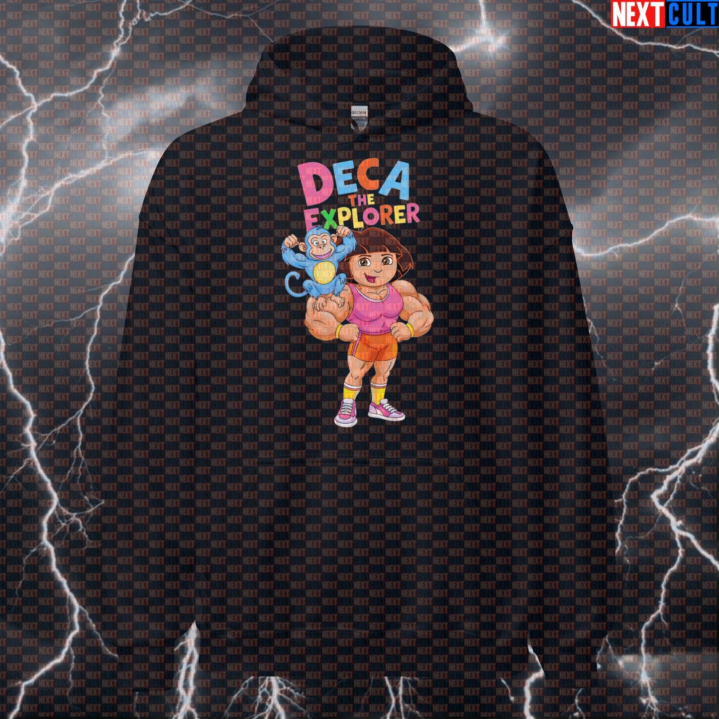Deca The Explorer Gym Hoodie | Funny Enhanced Lifter Hooded Sweatshirt | Bodybuilding Meme Pullover Bodybuilding Fitness Gym Pump Cover Steroids TV Workout Next Cult Brand