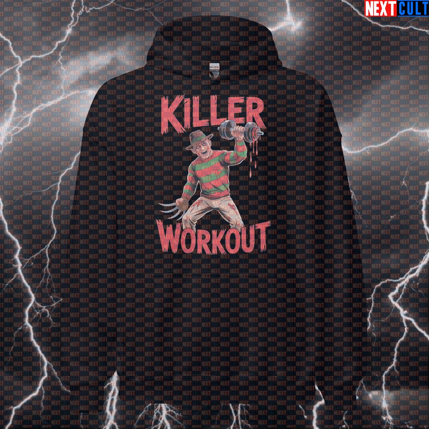 Killer Workout Horror Gym Hoodie | Scary Fitness Meme Hooded Sweatshirt | Freddy Krueger Workout Pullover Bodybuilding Films Fitness Gym Halloween Pump Cover Workout Next Cult Brand