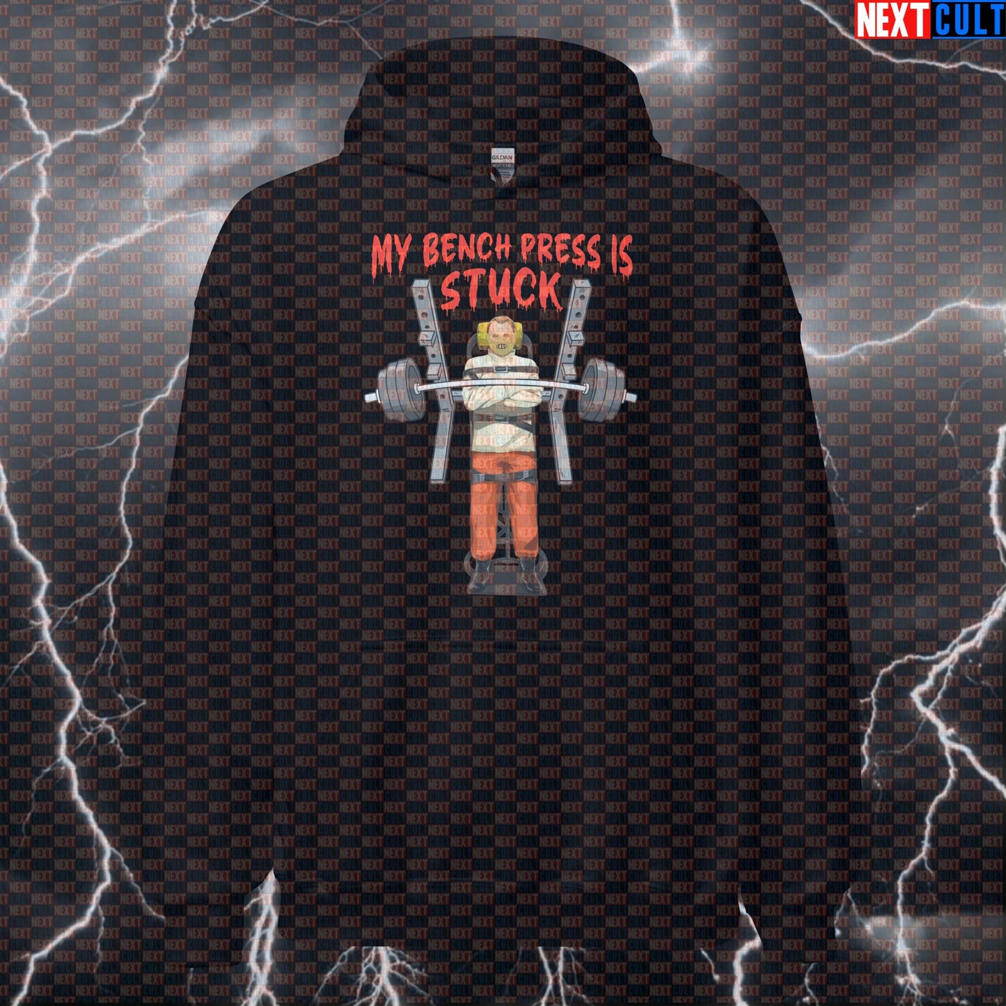 My Bench Press Is Stuck Horror Gym Hoodie | Scary Movie Meme Workout Hoodie | Funny Frightening Pump Cover Bodybuilding Films Fitness Gym Halloween Powerlifting Pump Cover Workout Next Cult Brand