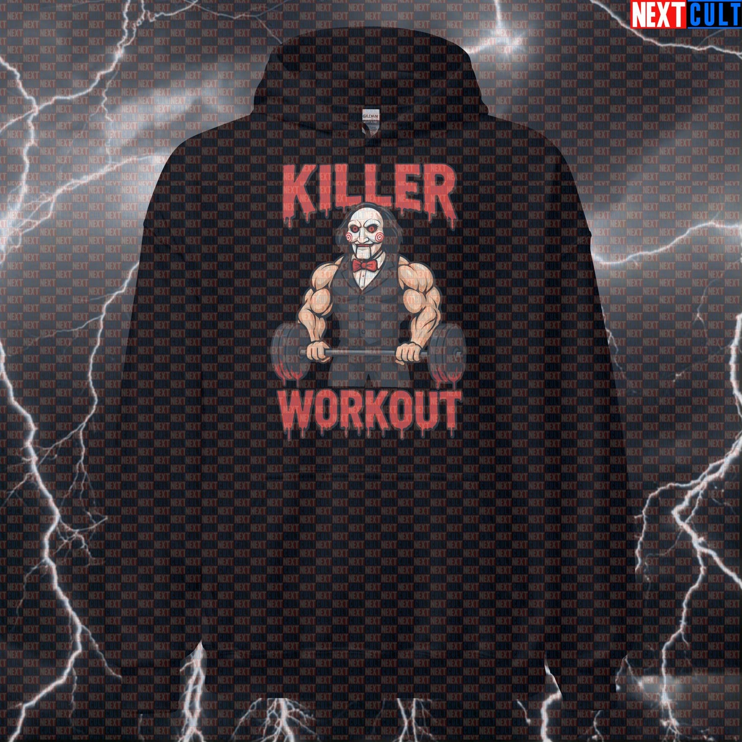 Jigsaw's Gym Game Plan Horror Meme Hoodie | Funny Workout Pullover Bodybuilding Films Fitness Gym Halloween Powerlifting Pump Cover Workout Next Cult Brand