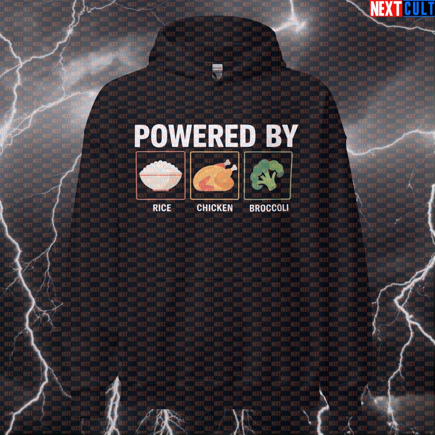 Rice Chicken Broccoli Gym Hoodie | Funny Bodybuilding Diet Hooded Sweatshirt | Workout Meal Prep Pullover Hoodies Bodybuilding Fast Food Fitness Gym Pump Cover Workout Next Cult Brand