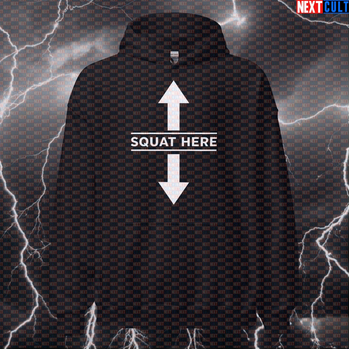 Squat Here Funny Gym Hoodie | Edgy Workout Hoodie For Lifters | Gym Meme Hooded Sweatshirt Jumper Hoodies Bodybuilding Fitness Gym Leg Day Powerlifting Pump Cover Workout Next Cult Brand