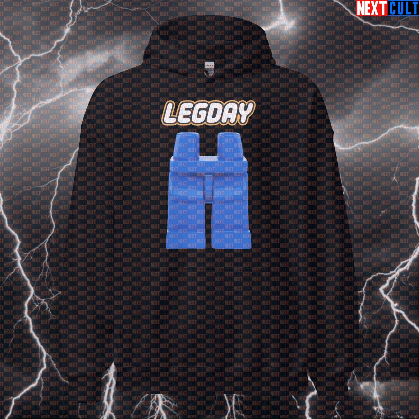 Leg Day Gains Gym Hoodie | LEGO Parody Workout Hoodie For Squat & Deadlift Lovers | Funny Fitness Meme Pullover Hoodies Bodybuilding Fitness Gym Leg Day LEGO Powerlifting Pump Cover Workout Next Cult Brand