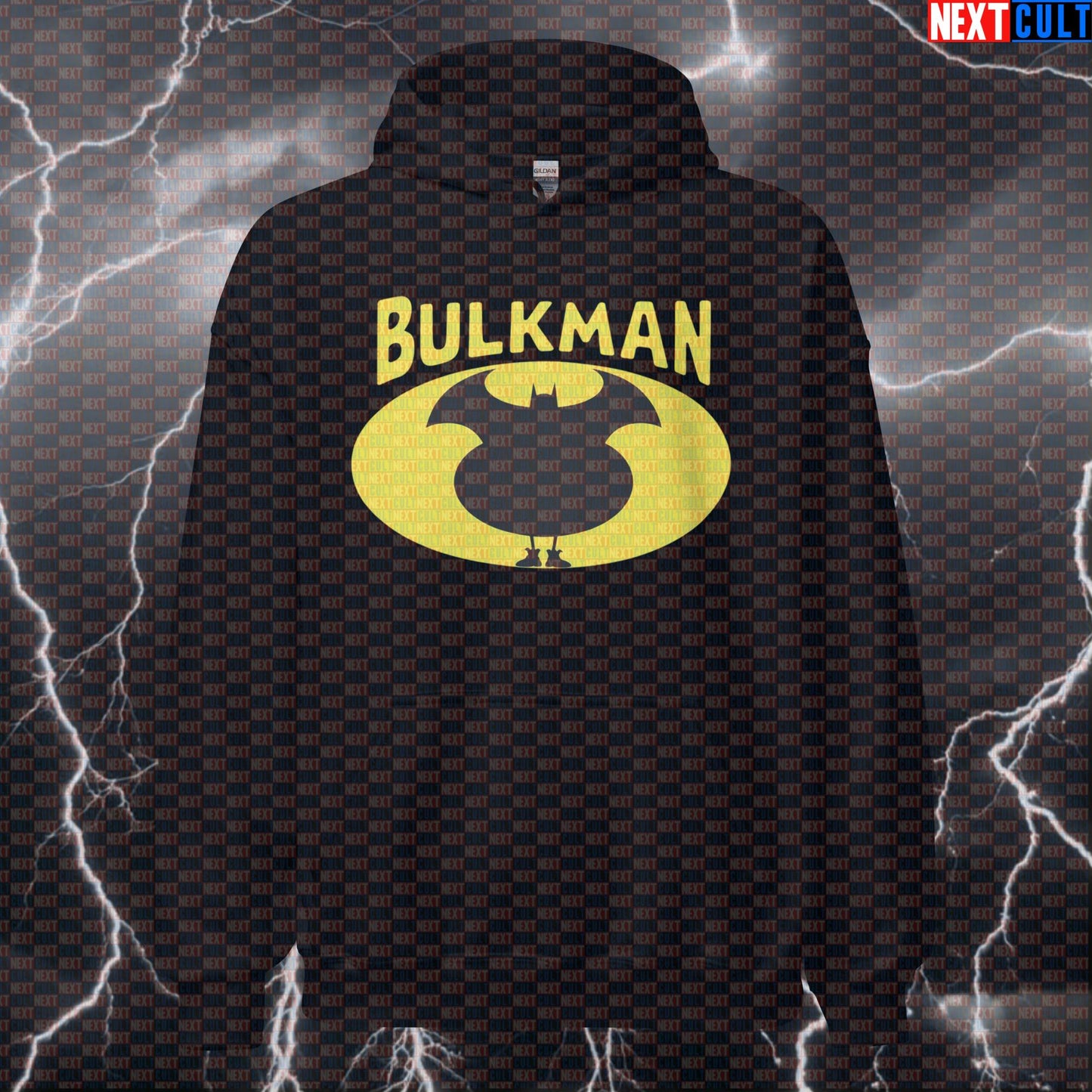 Bulkman Gym Hoodie | Funny Bulking Batman Meme Hooded Sweatshirt | Workout Pullover For Bodybuilding Batman Bodybuilding Bulking Fast Food Films Fitness Gym Justice League Pump Cover Superheroes Workout Next Cult Brand