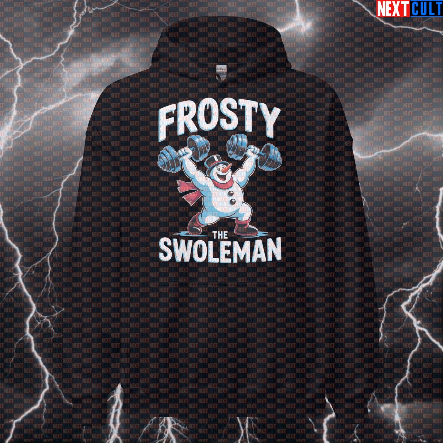 Frosty The Swoleman Christmas Gym Hoodie | Funny Holiday Workout Hoodie For Lifters | Festive Pump Cover Bodybuilding Christmas Fitness Gym Pump Cover Workout Next Cult Brand
