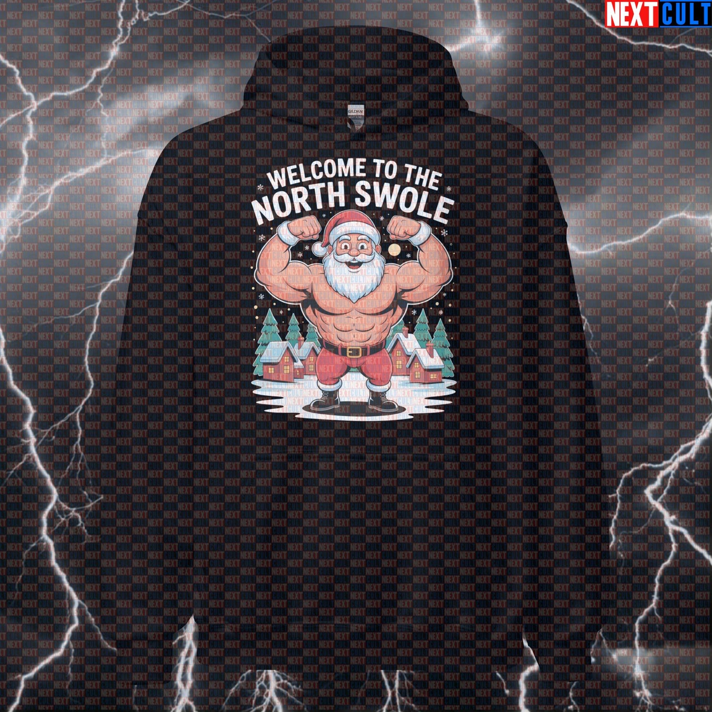 North Swole Christmas Hoodie | Funny Holiday Workout Hoodie for Lifters | Santa Claus Gym Pullover Bodybuilding Christmas Fitness Gym Pump Cover Workout Next Cult Brand