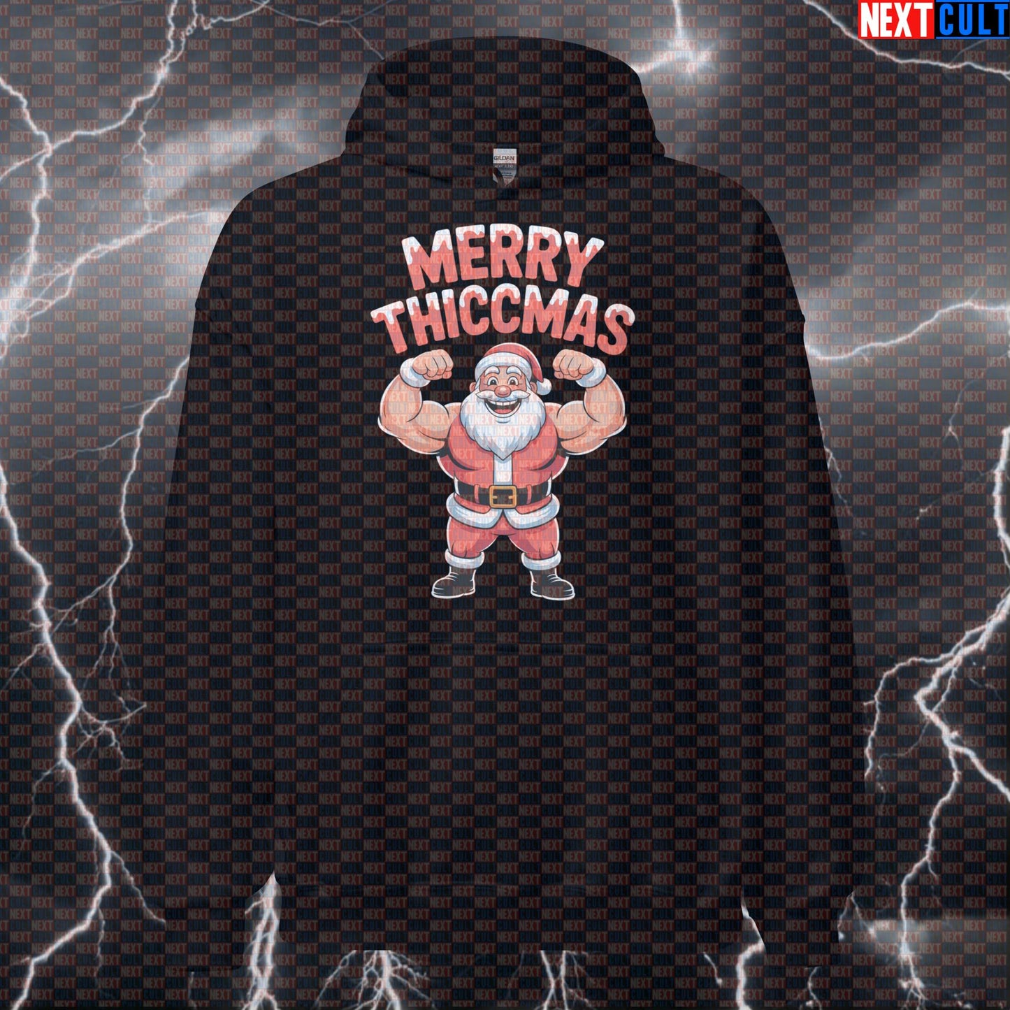 Merry Thiccmas Gym Hoodie | Funny Santa Claus Workout Hoodie For Lifters | Festive Pump Cover Pullover Bodybuilding Christmas Fitness Gym Pump Cover Workout Next Cult Brand