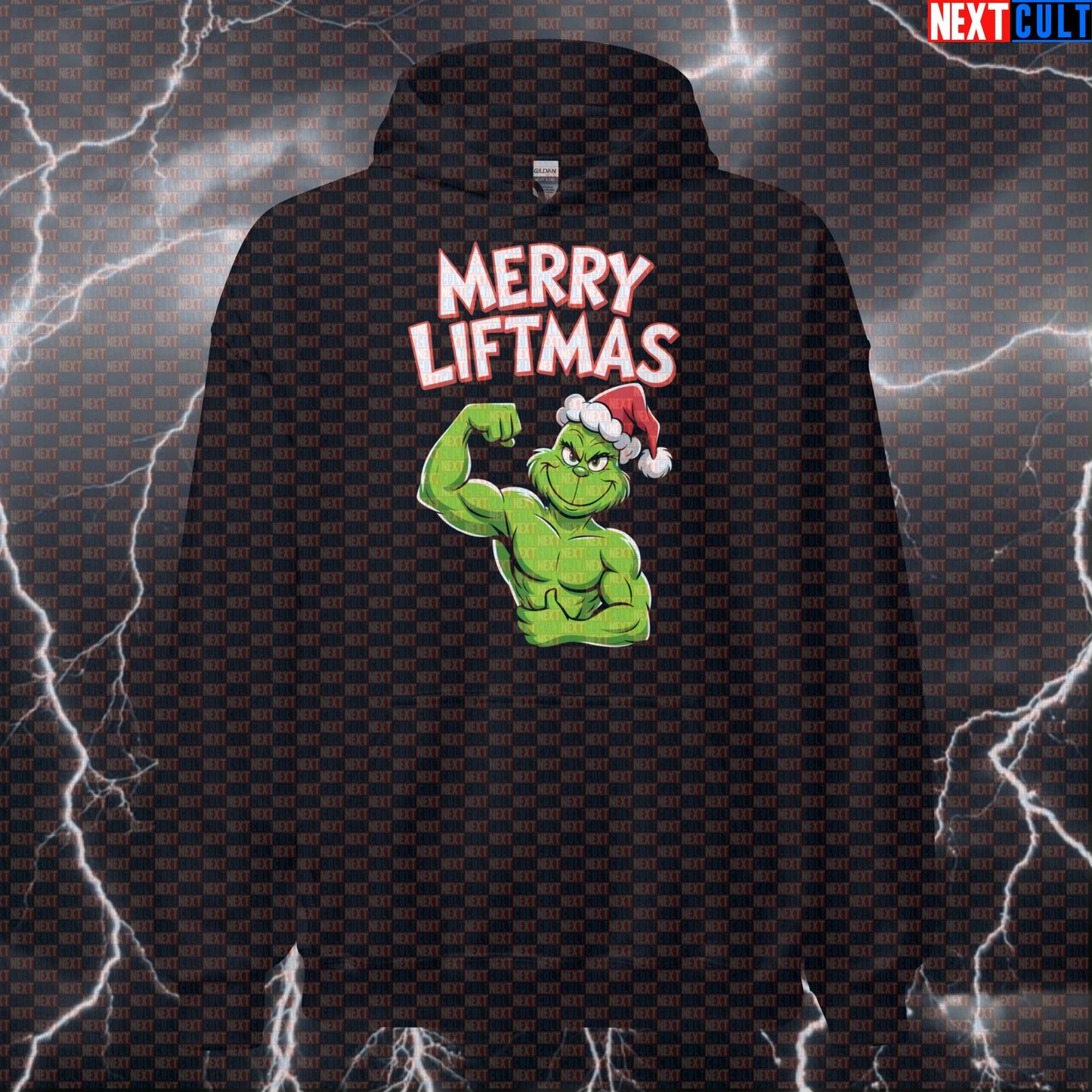 Merry Liftmas Grinch Gym Hoodie | Funny Christmas Workout Hoodie For Lifters | Festive Pump Cover Pullover Bodybuilding Christmas Films Fitness Gym Powerlifting Pump Cover Workout Next Cult Brand