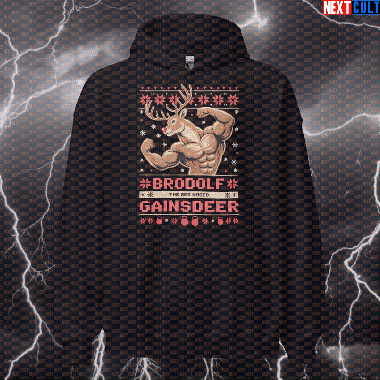 Brodolf Gainsdeer Funny Gym Hoodie | Christmas Workout Meme Hooded Sweatshirt | Festive Pump Cover Pullover Hoodies Bodybuilding Christmas Fitness Gym Pump Cover Workout Next Cult Brand