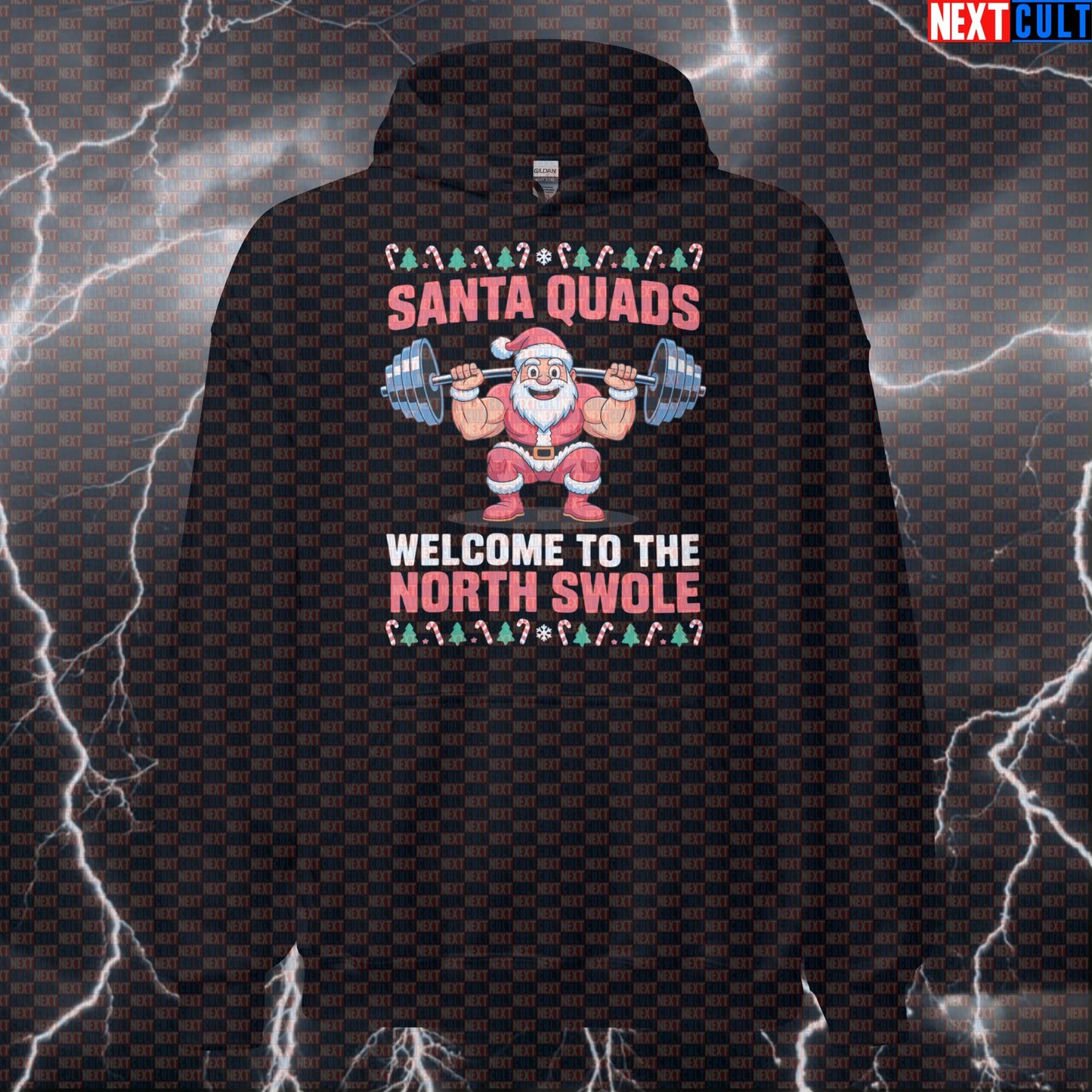Santa Quads Funny Christmas Workout Hoodie - Festive Gym Hooded Sweatshirt Pullover Pump Cover Hoodies Bodybuilding Christmas Fitness Gym Leg Day Powerlifting Pump Cover Workout Next Cult Brand
