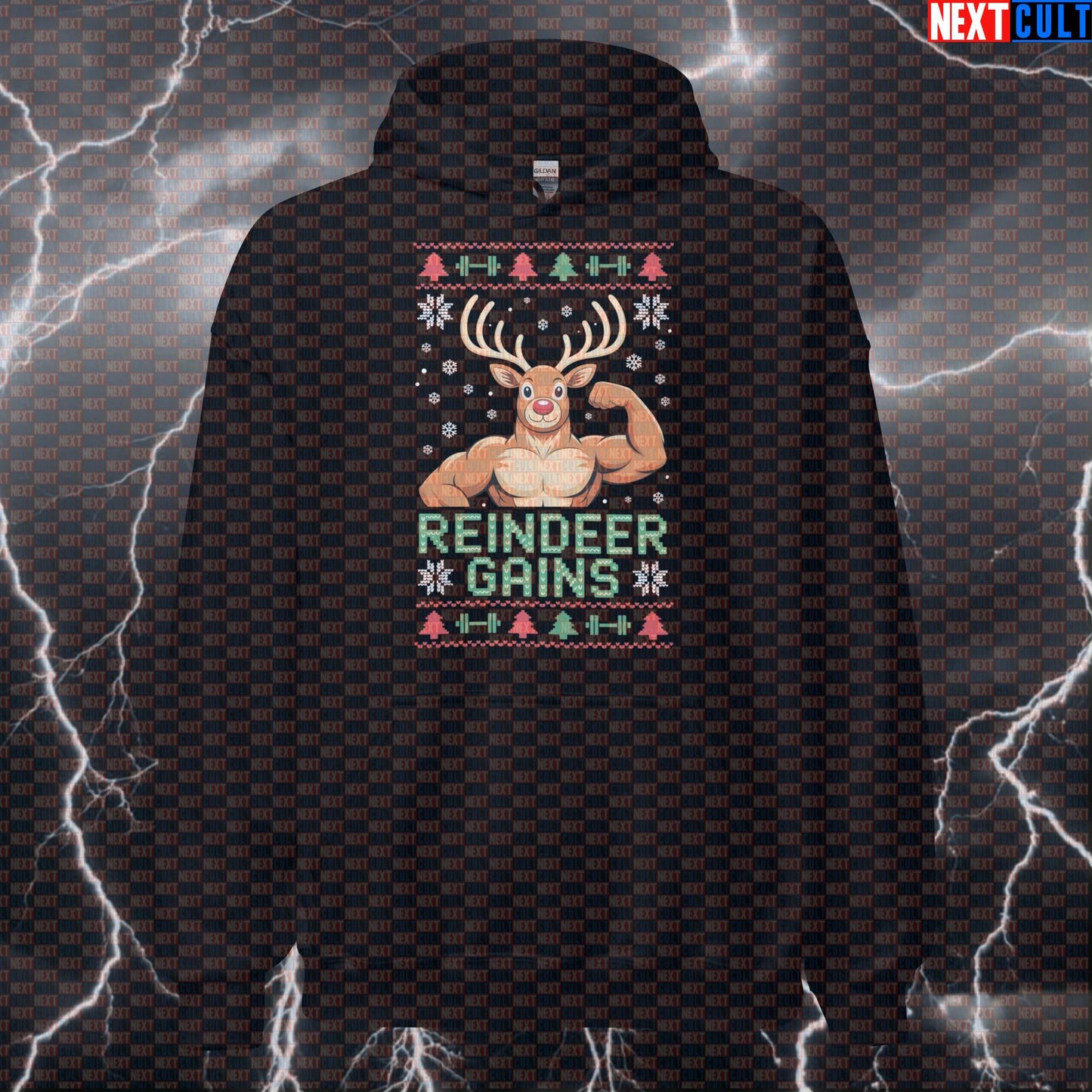 Reindeer Gains Funny Christmas Gym Hoodie - Festive Fitmas Workout Hooded Sweatshirt Pullover Hoodies Bodybuilding Christmas Fitness Gym Pump Cover Workout Next Cult Brand