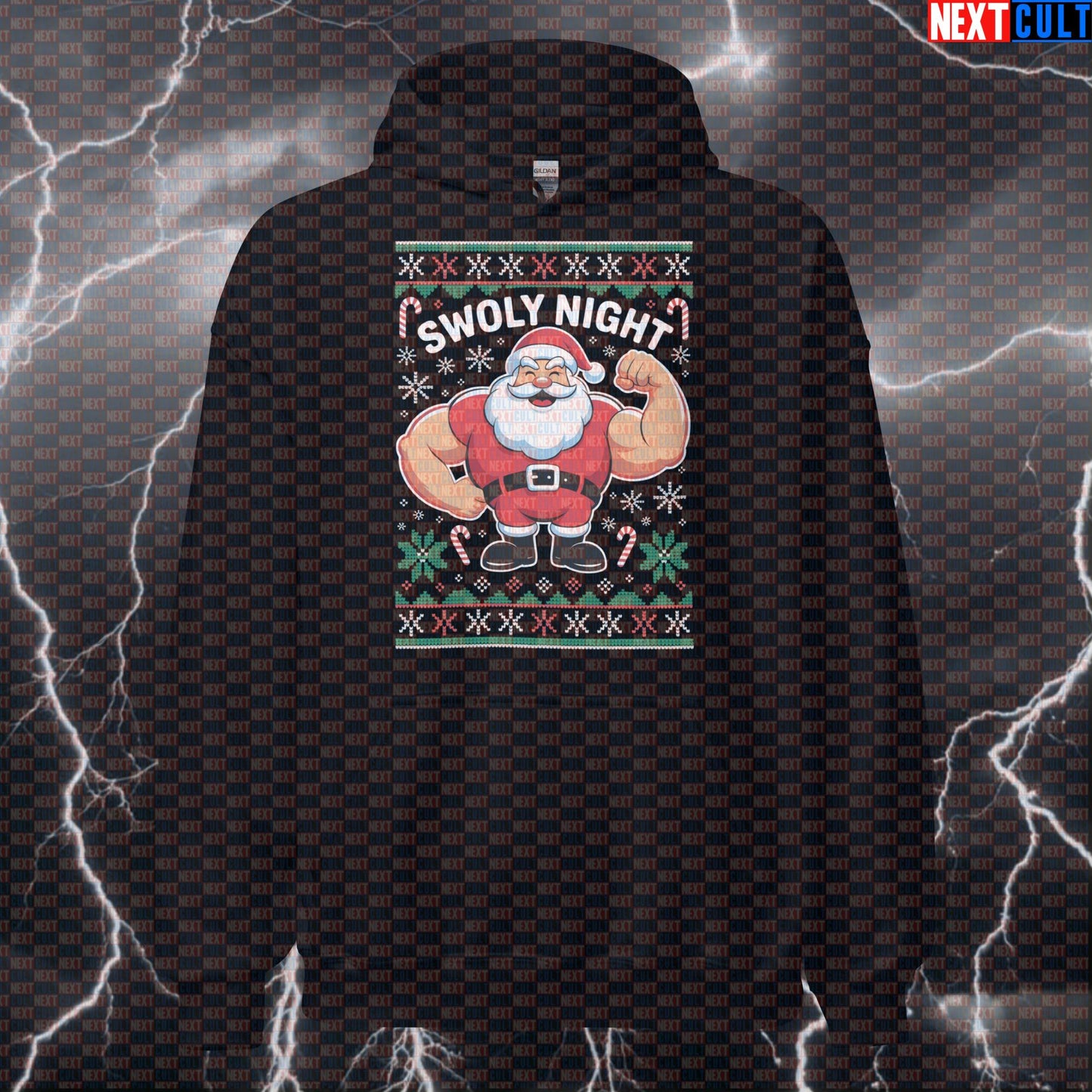 Swoly Night Funny Christmas Gym Hoodie | Festive Liftmas Workout Hoodie For Gym Bros | Holiday Pump Cover Hoodies Bodybuilding Christmas Fitness Gym Pump Cover Workout Next Cult Brand