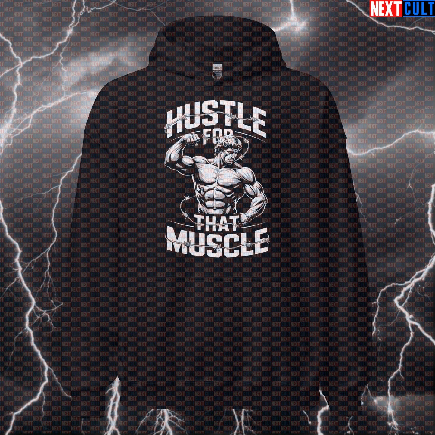 Hustle For That Muscle Gym Hoodie | Funny Greek God Meme Workout Hoodie | Protein Powered Pullover Ancient Greece Bodybuilding Fitness Gym Pump Cover Workout Next Cult Brand