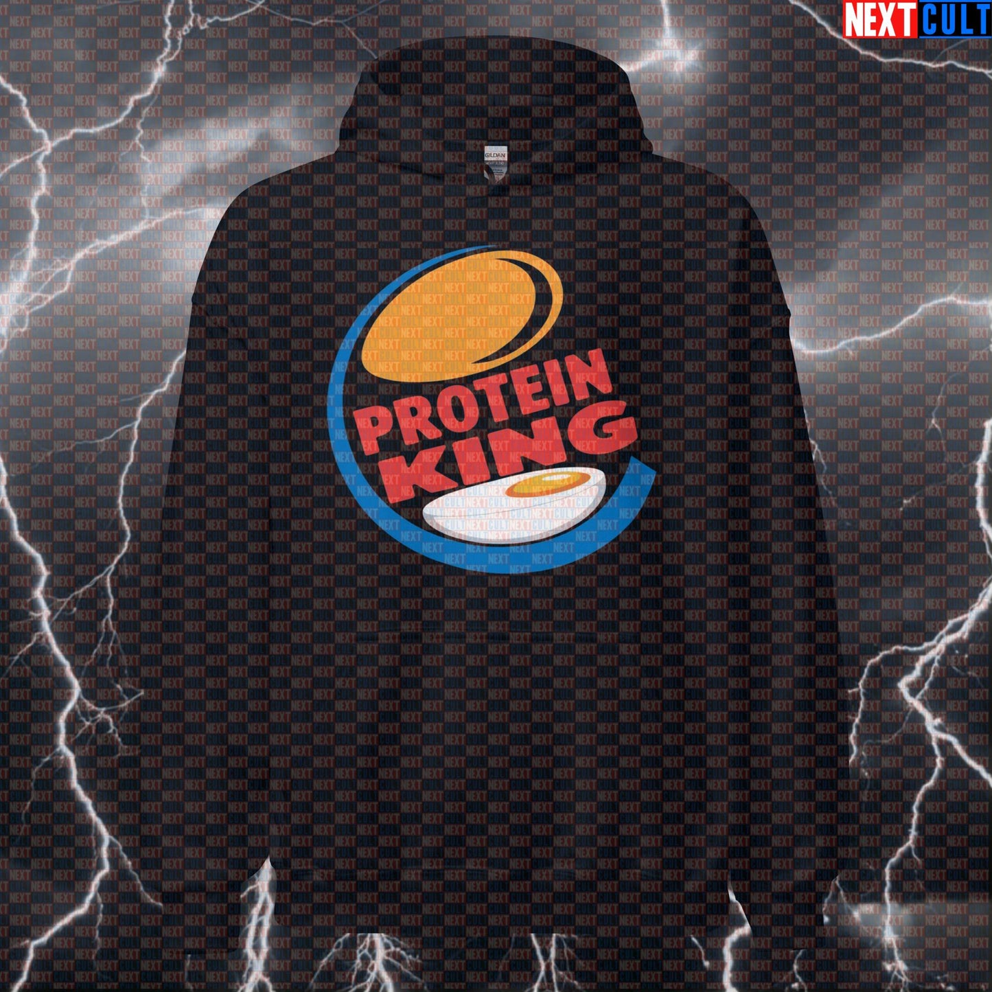 Protein King Gym Hoodie | Funny Burger King Parody Workout Hoodie | Easter Egg Meme Pullover Bodybuilding Easter Fast Food Fitness Gym Pump Cover Workout Next Cult Brand