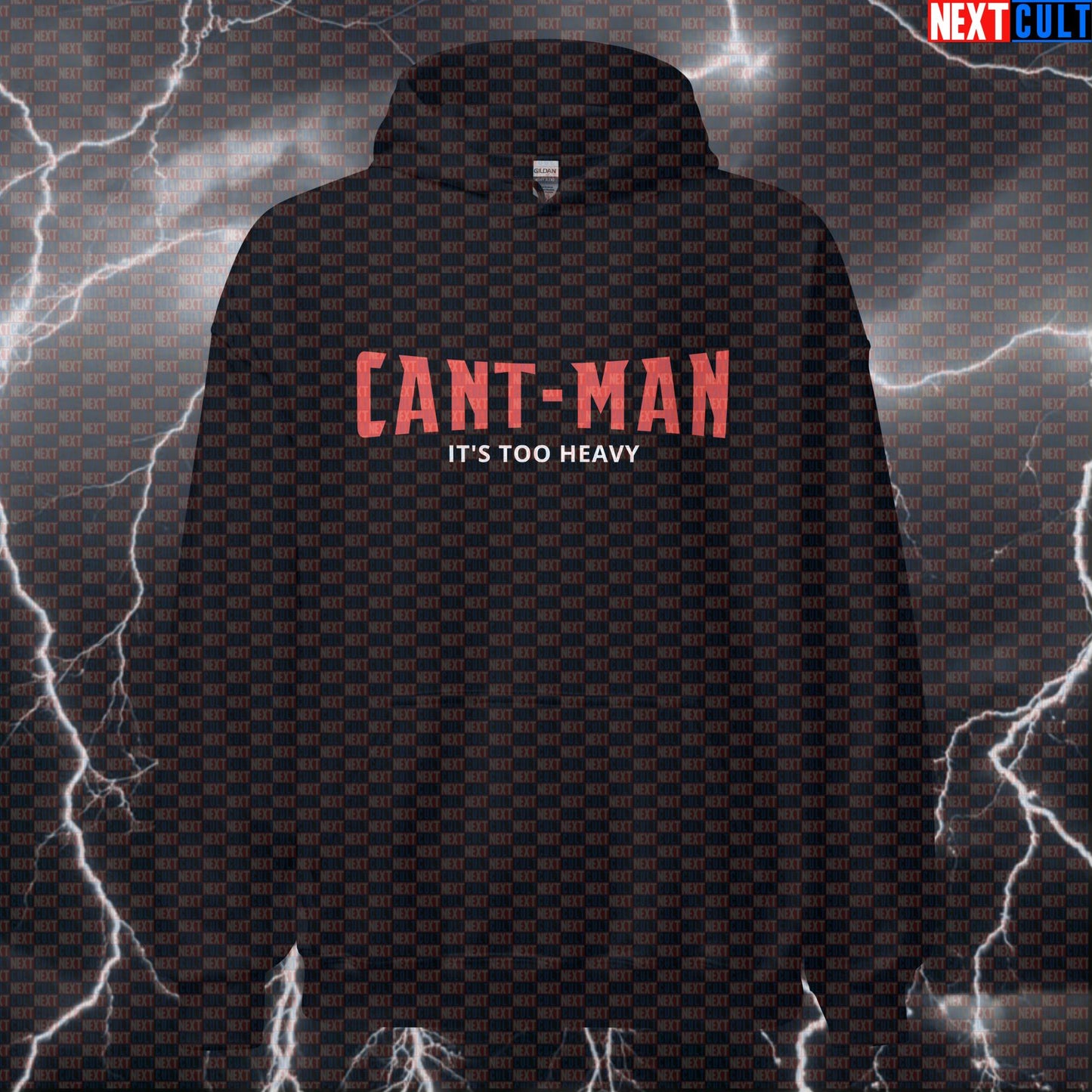 Can’t-Man “It’s Too Heavy” Funny Gym Hoodie – Heavy Lift Meme Hooded Sweatshirt Pullover for Gym & Street Ant-Man Avengers Bodybuilding Films Fitness Gym Powerlifting Pump Cover Superheroes Workout Next Cult Brand