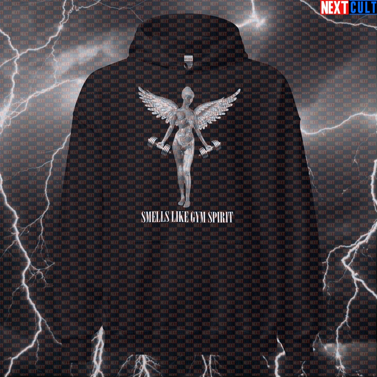 Gym Angel Funny Workout Hoodie | Smells Like Gym Spirit Parody Hooded Sweatshirt Bodybuilding Fitness Gym Nirvana Pump Cover Rock Music Workout Next Cult Brand