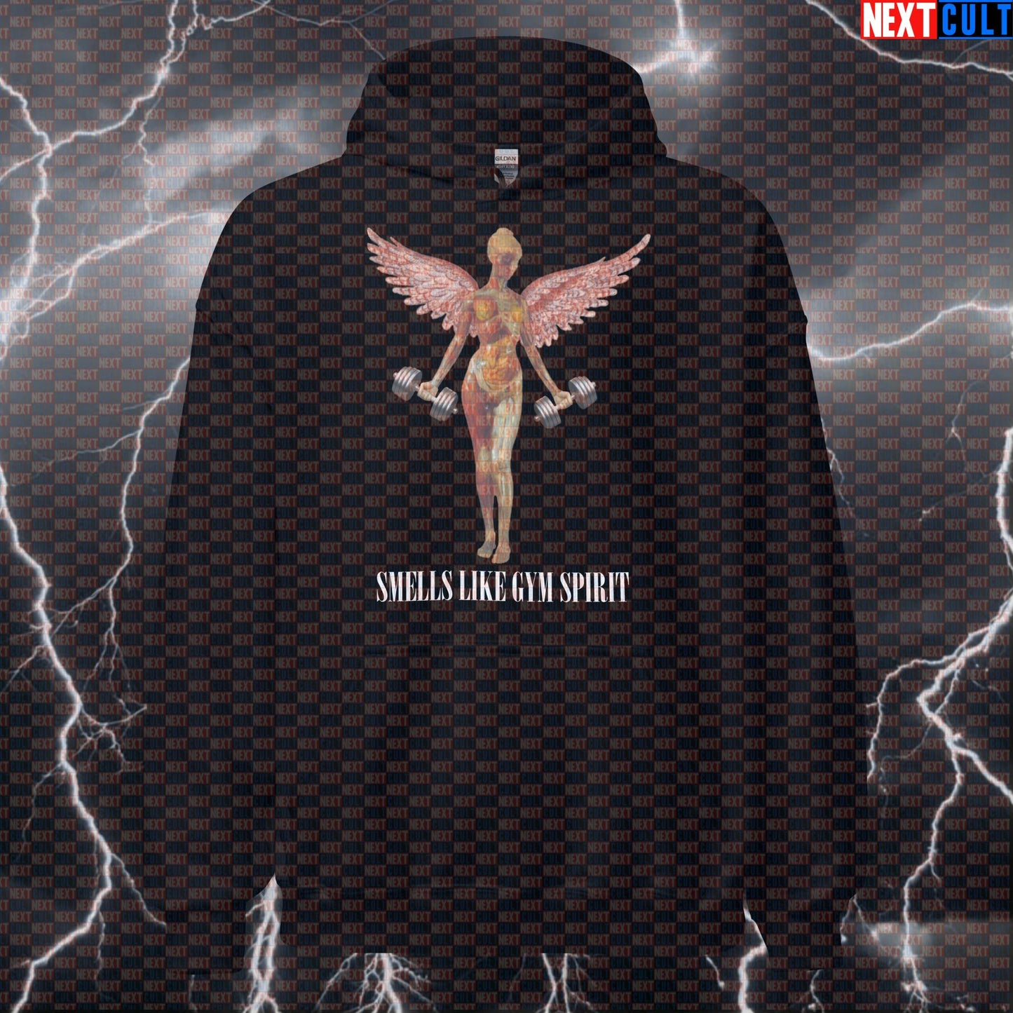 Gym Angel Nirvana Parody Hoodie | Smells Like Gym Spirit Funny Workout Hooded Sweatshirt Bodybuilding Fitness Gym Nirvana Pump Cover Rock Music Workout Next Cult Brand