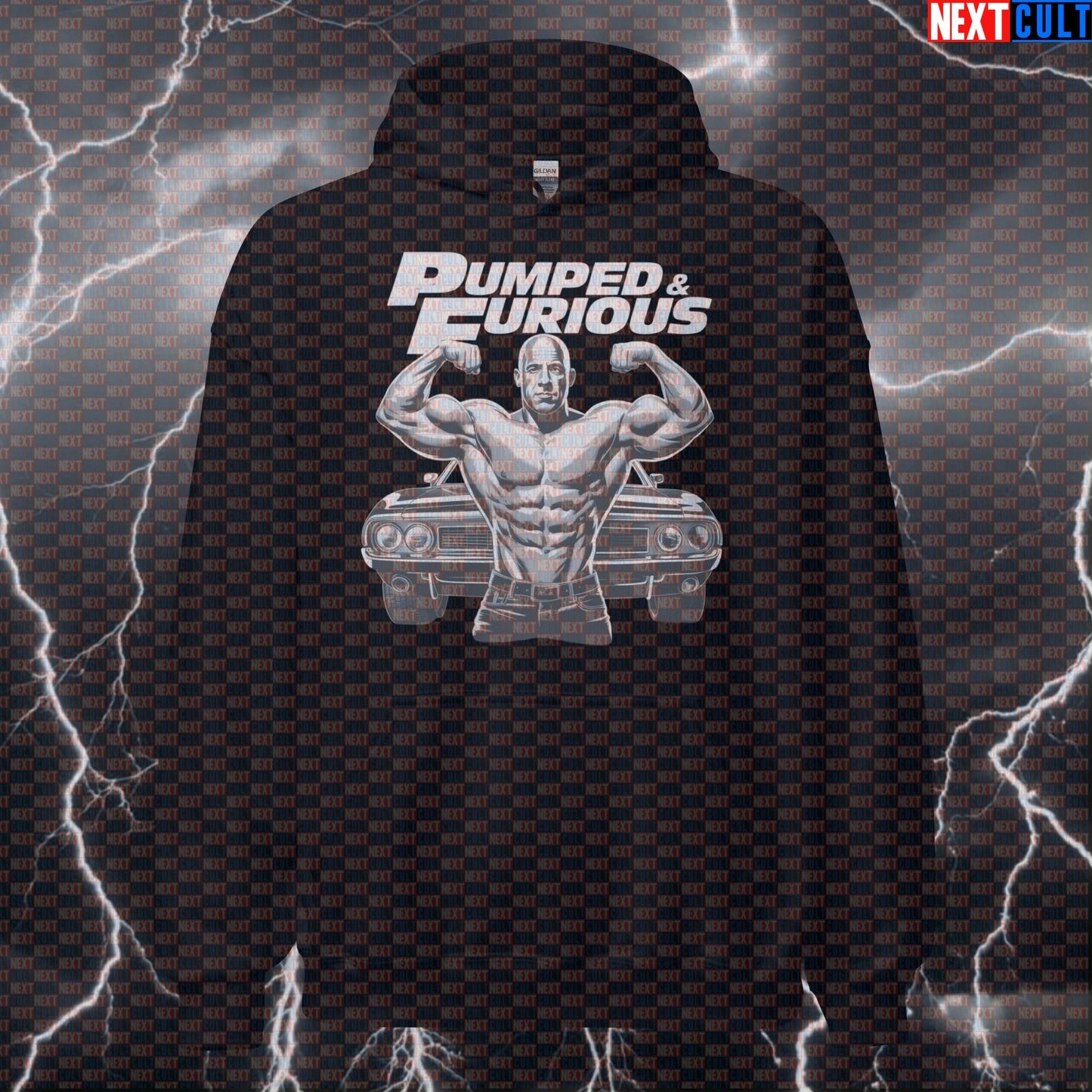 Pumped & Furious Funny Gym Hoodie - Vin Diesel Workout Hooded Sweatshirt Pullover Pump Cover Bodybuilding Films Fitness Gym Pump Cover Workout Next Cult Brand