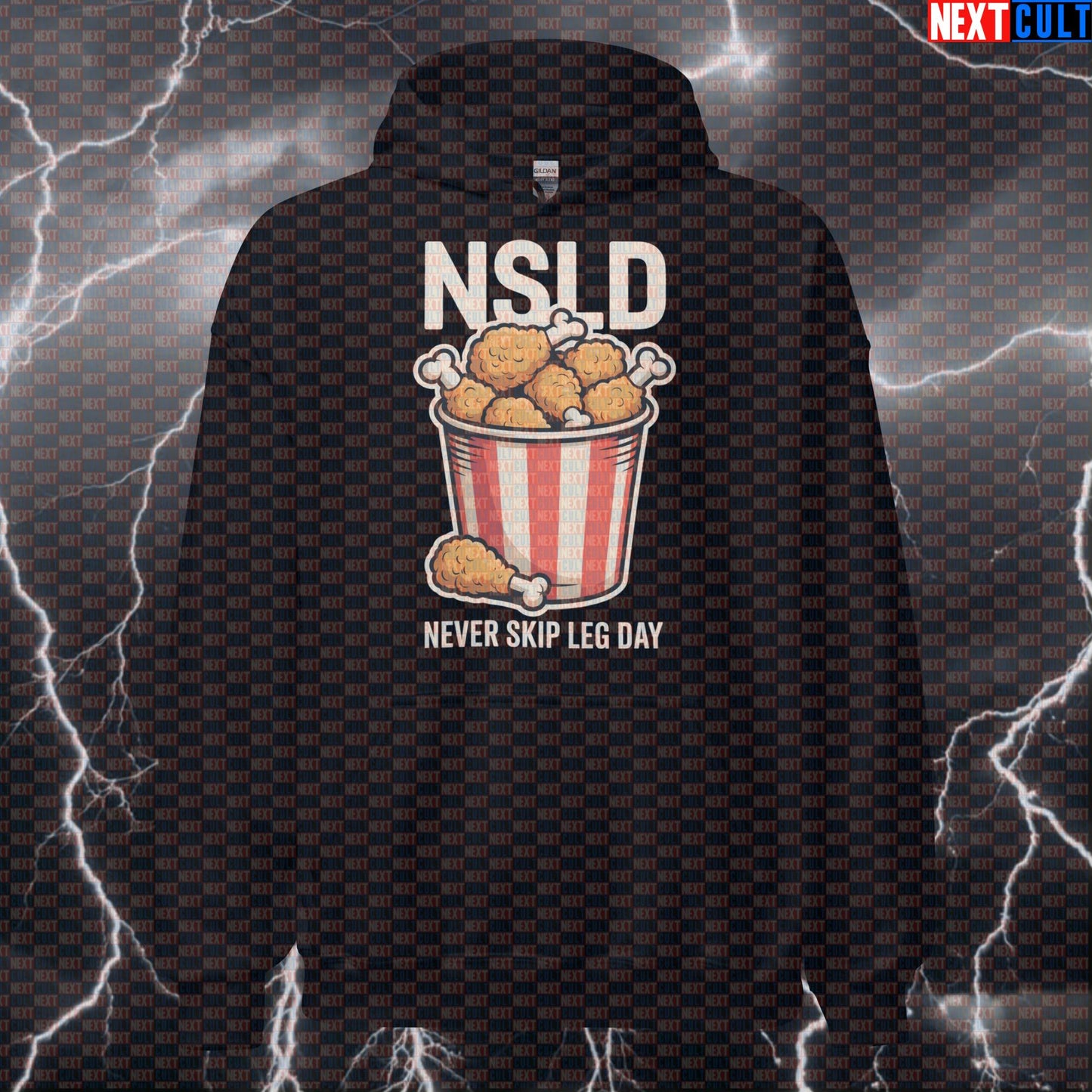 Never Skip Leg Day Funny Gym Hoodie - NSLD Fried Chicken Meme Hooded Sweatshirt Pullover Bodybuilding Bulking Fast Food Fitness Gym Leg Day Powerlifting Pump Cover Workout Next Cult Brand