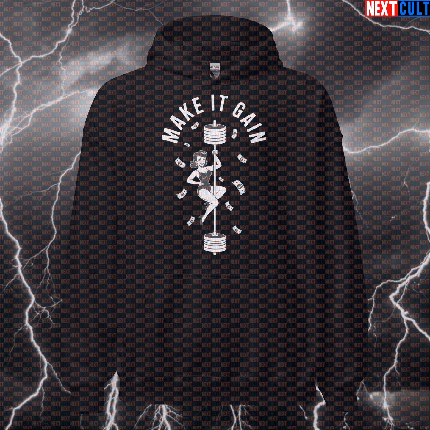 Make It Gain Funny Gym Hoodie - Pole Dance Meme Barbell Hooded Sweatshirt Pullover Bodybuilding Fitness Gym Powerlifting Pump Cover Workout Next Cult Brand