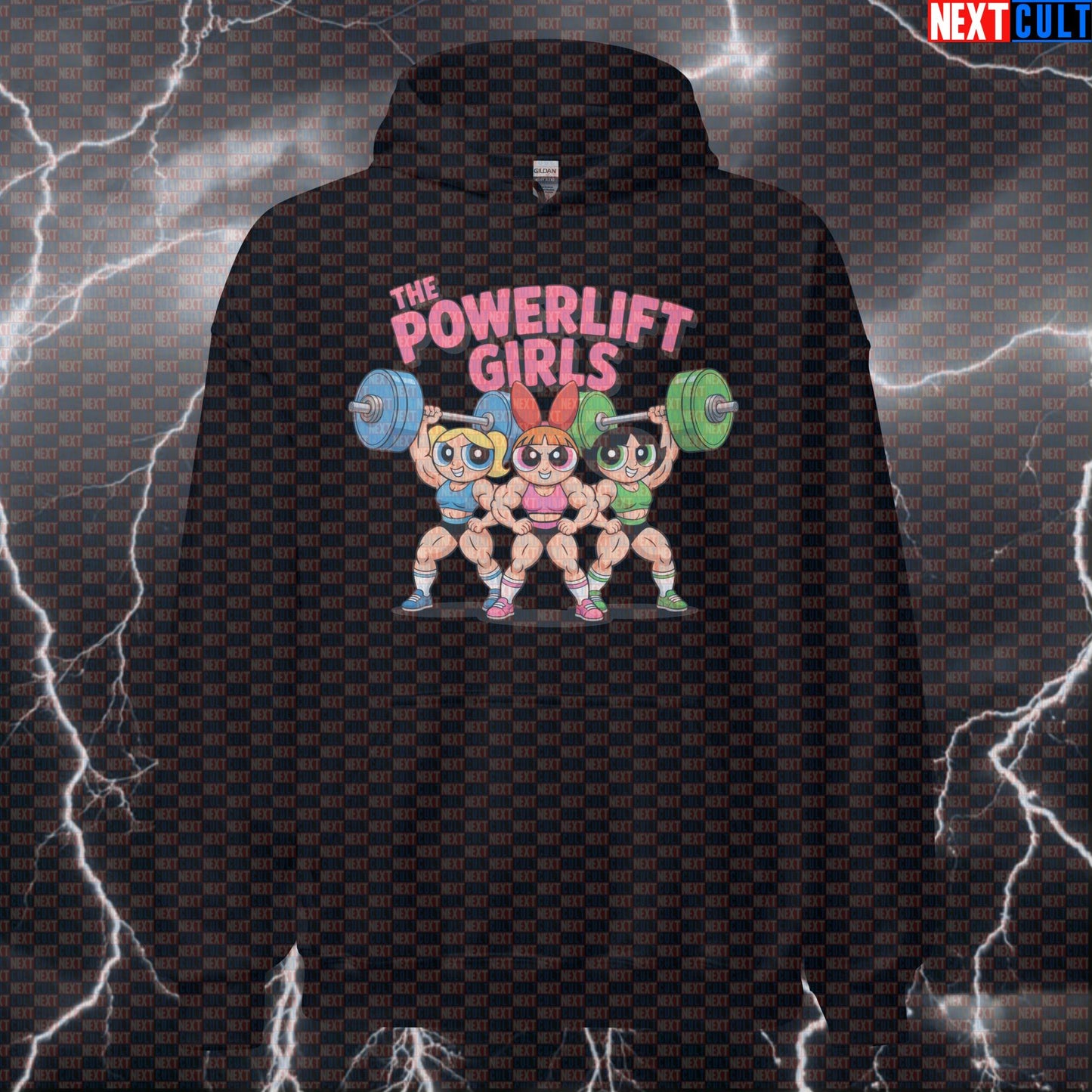 The Powerlift Girls Funny Gym Hoodie - Gym Girl Superhero Cartoon Hooded Sweatshirt Pullover Fitness Gym Powerlifting Pump Cover TV Workout Next Cult Brand