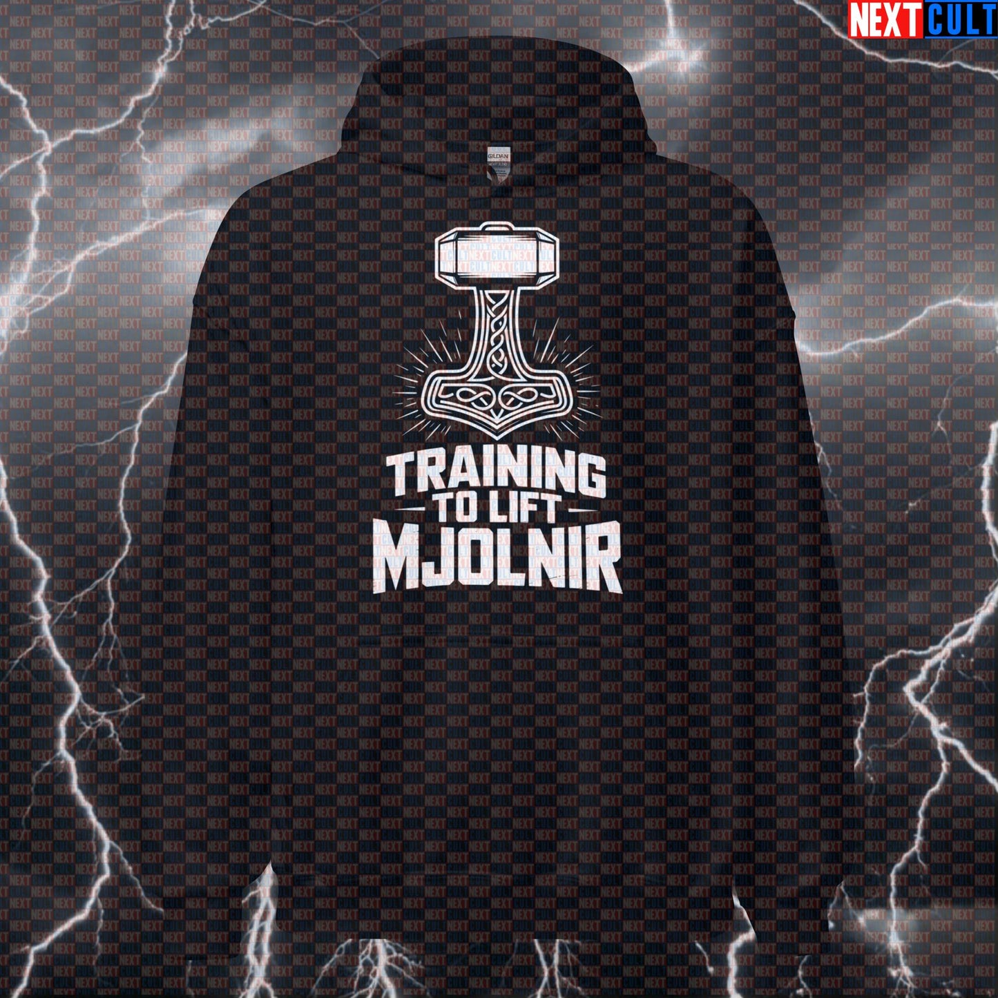 Training To Lift Mjolnir Funny Gym Hoodie - Viking Powerlifting Meme Hooded Sweatshirt Pullover Fitness Gym Pump Cover Vikings Workout Next Cult Brand