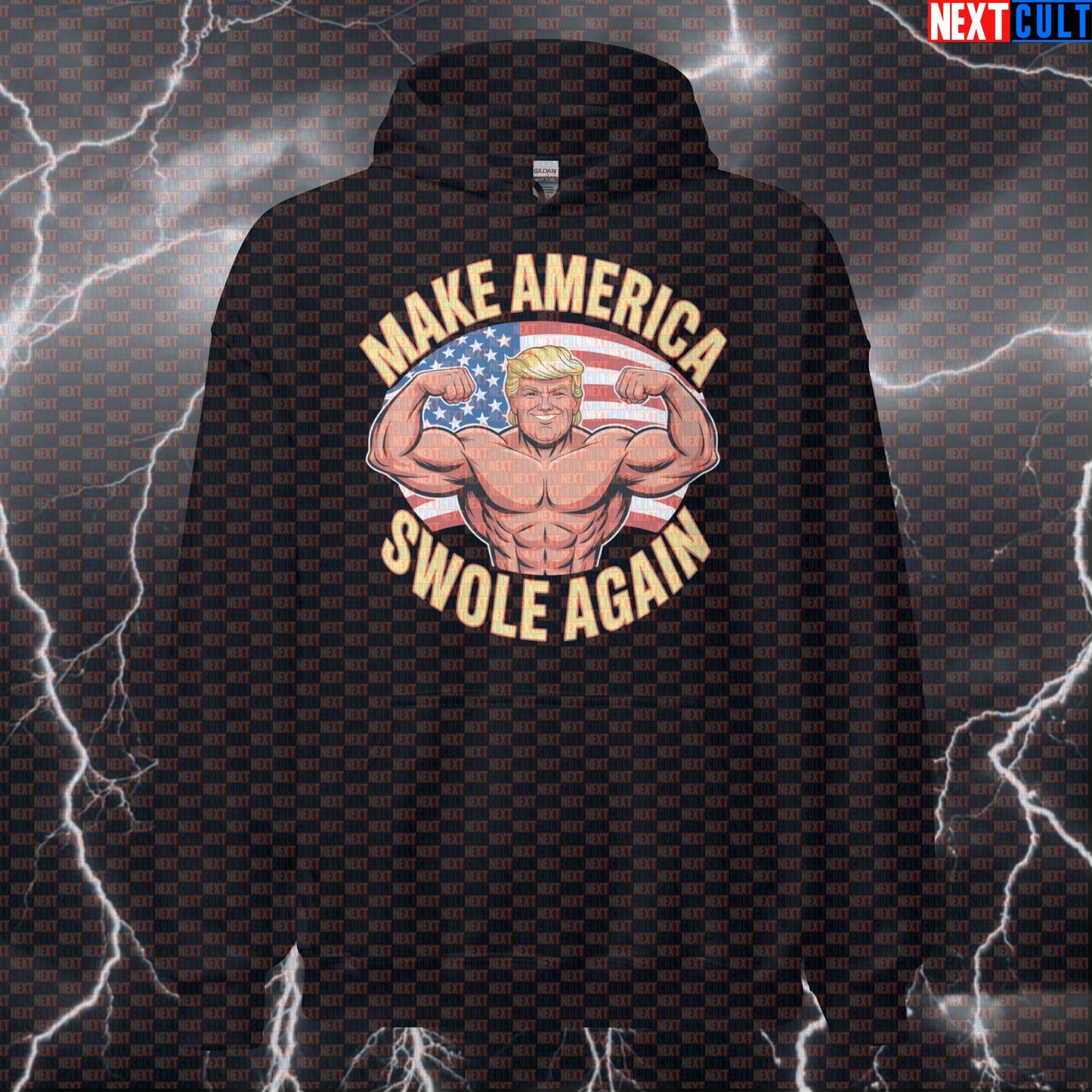 Make America Swole Again Patriotic Gym Hoodie - Funny Trump Meme Hooded Sweatshirt Pump Cover 4th of July Bodybuilding Donald Trump Fitness Gym Pump Cover Workout Next Cult Brand