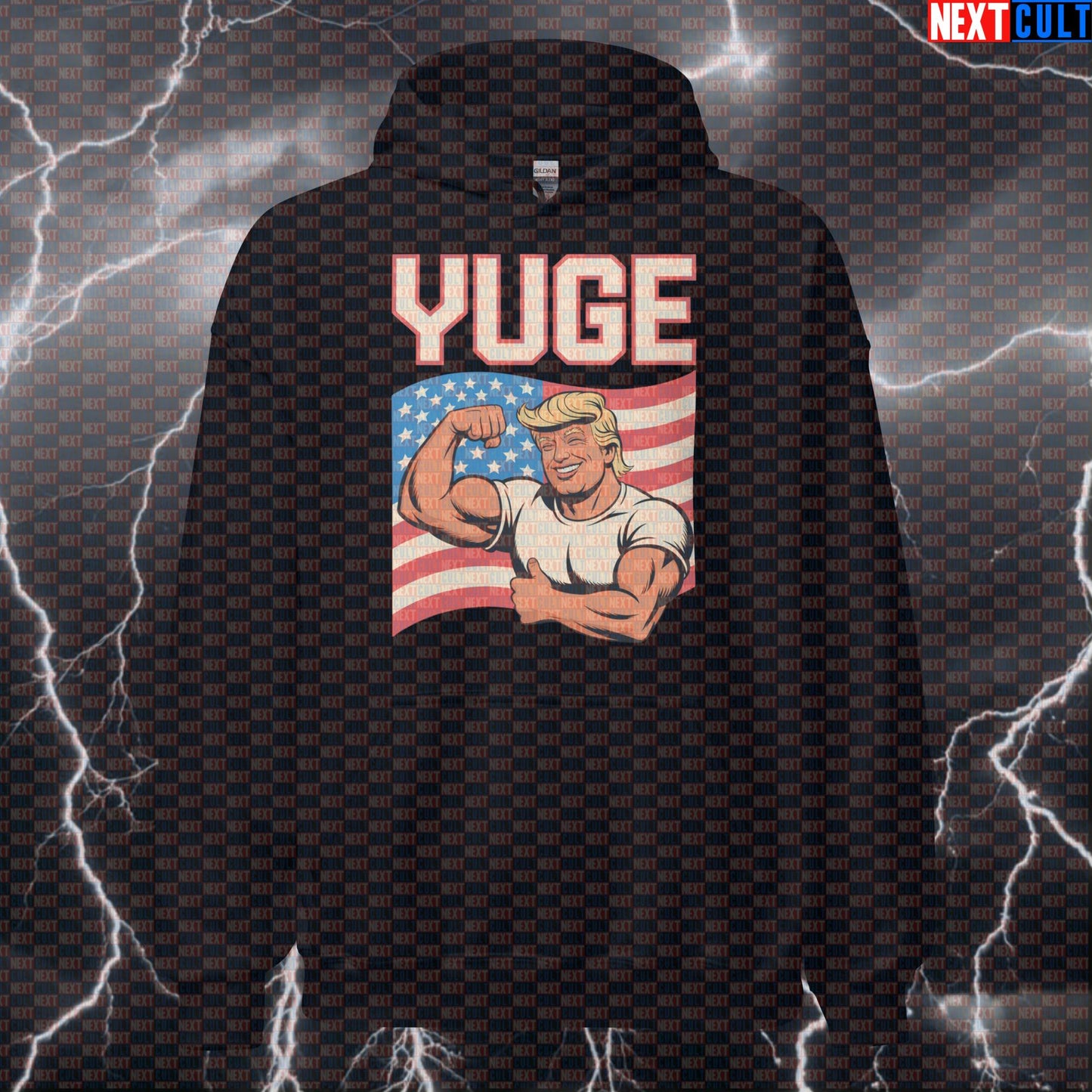 YUGE Patriotic Trump Funny Gym Hoodie - Make America Swole Hooded Sweatshirt Pump Cover 4th of July Bodybuilding Donald Trump Fitness Gym Pump Cover Workout Next Cult Brand