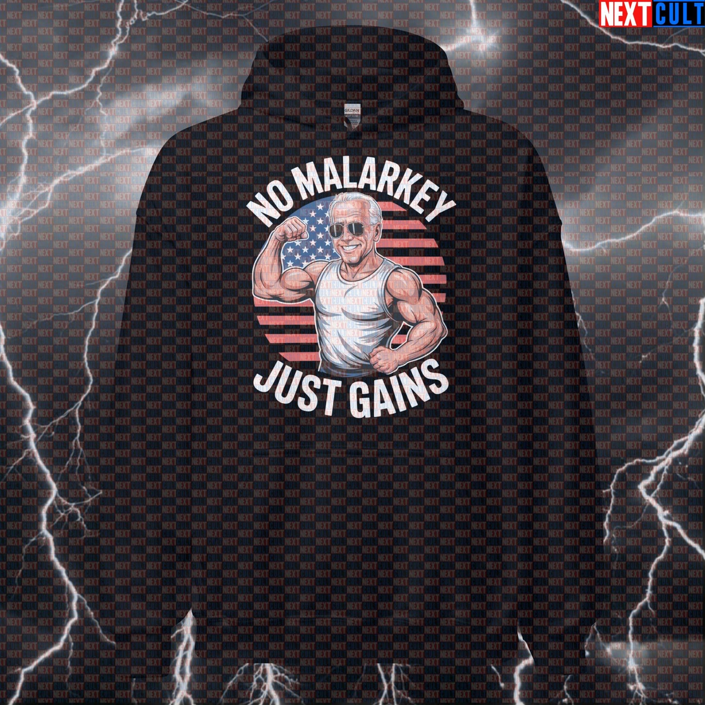 No Malarkey Just Gains Patriotic Gym Hoodie - Funny Joe Biden Meme Hooded Sweatshirt Pullover 4th of July Bodybuilding Fitness Gym Joe Biden Pump Cover Workout Next Cult Brand