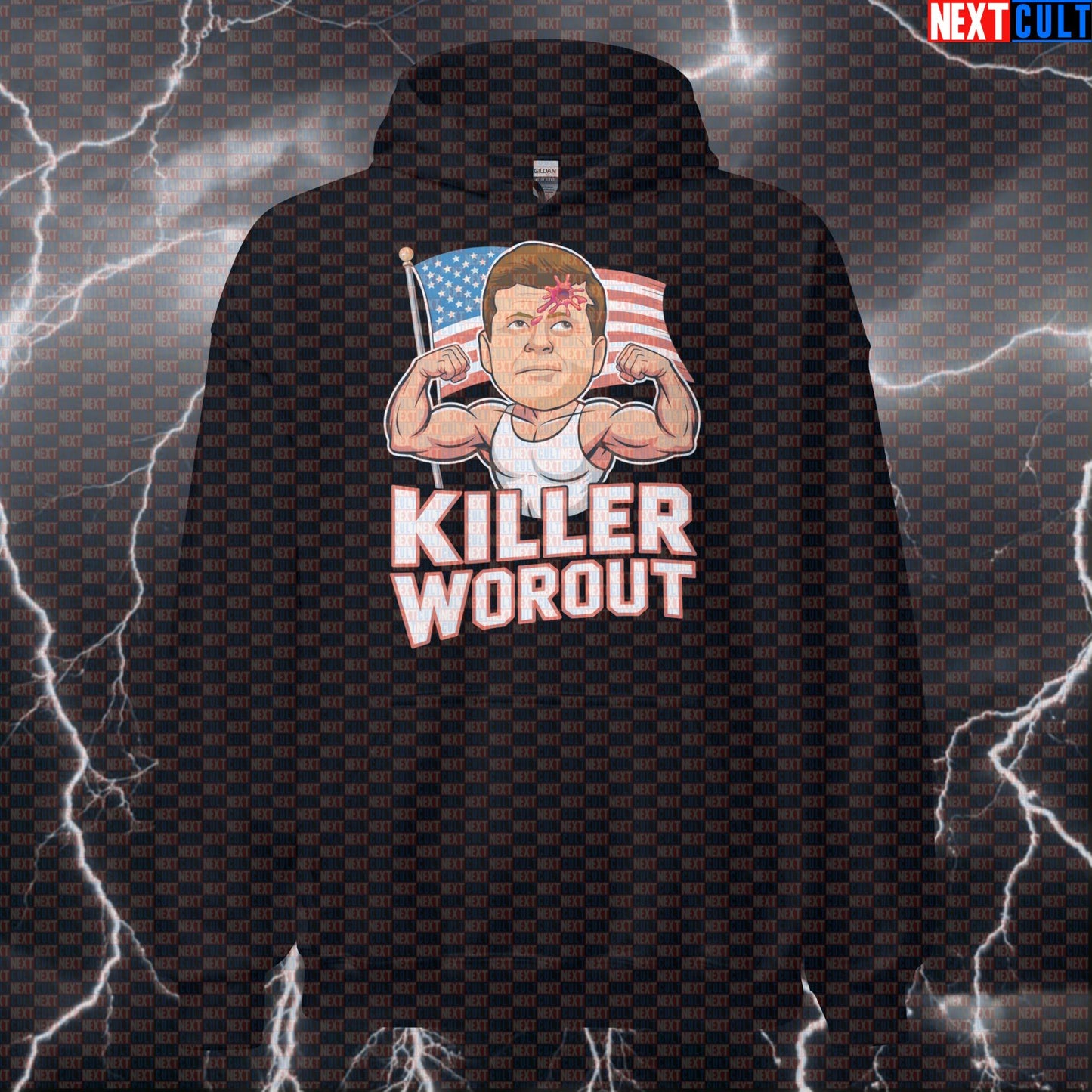 Funny Patriotic Gym Hoodie - Killer Workout JFK Meme Hooded Sweatshirt Pump Cover For Lifters 4th of July Bodybuilding Fitness Gym Halloween JFK Powerlifting Pump Cover Workout Next Cult Brand