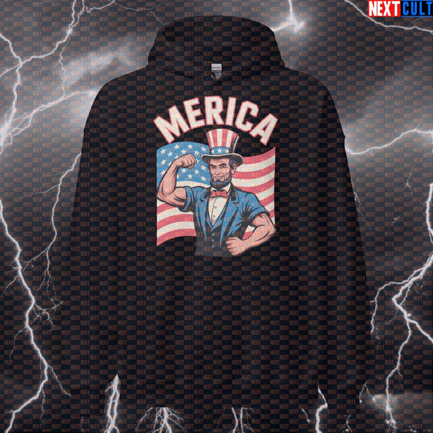 Merica Funny Abraham Lincoln 4th of July Gym Hoodie - Patriotic Hooded Sweatshirt Pullover Pump Cover Hoodies Next Cult Brand
