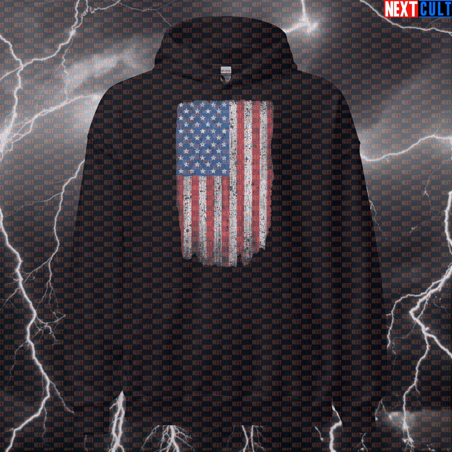 Distressed American Flag Gym Hoodie - Funny Patriotic Hooded Sweatshirt Pump Cover for 4th of July Workouts Hoodies 4th of July Fitness Gym Pump Cover Workout Next Cult Brand