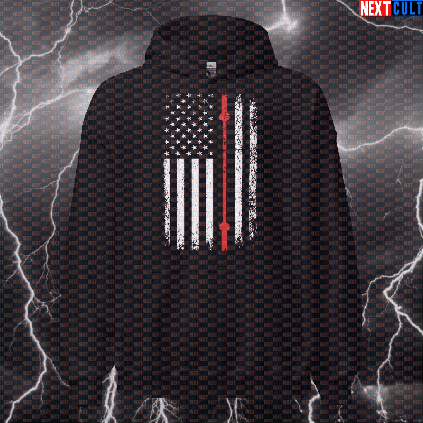 Red Thin Line Barbell Flag Hoodie | Patriotic Gym Hoodie for Firefighter Respect Hoodies 4th of July Fitness Gym Powerlifting Pump Cover Workout Next Cult Brand