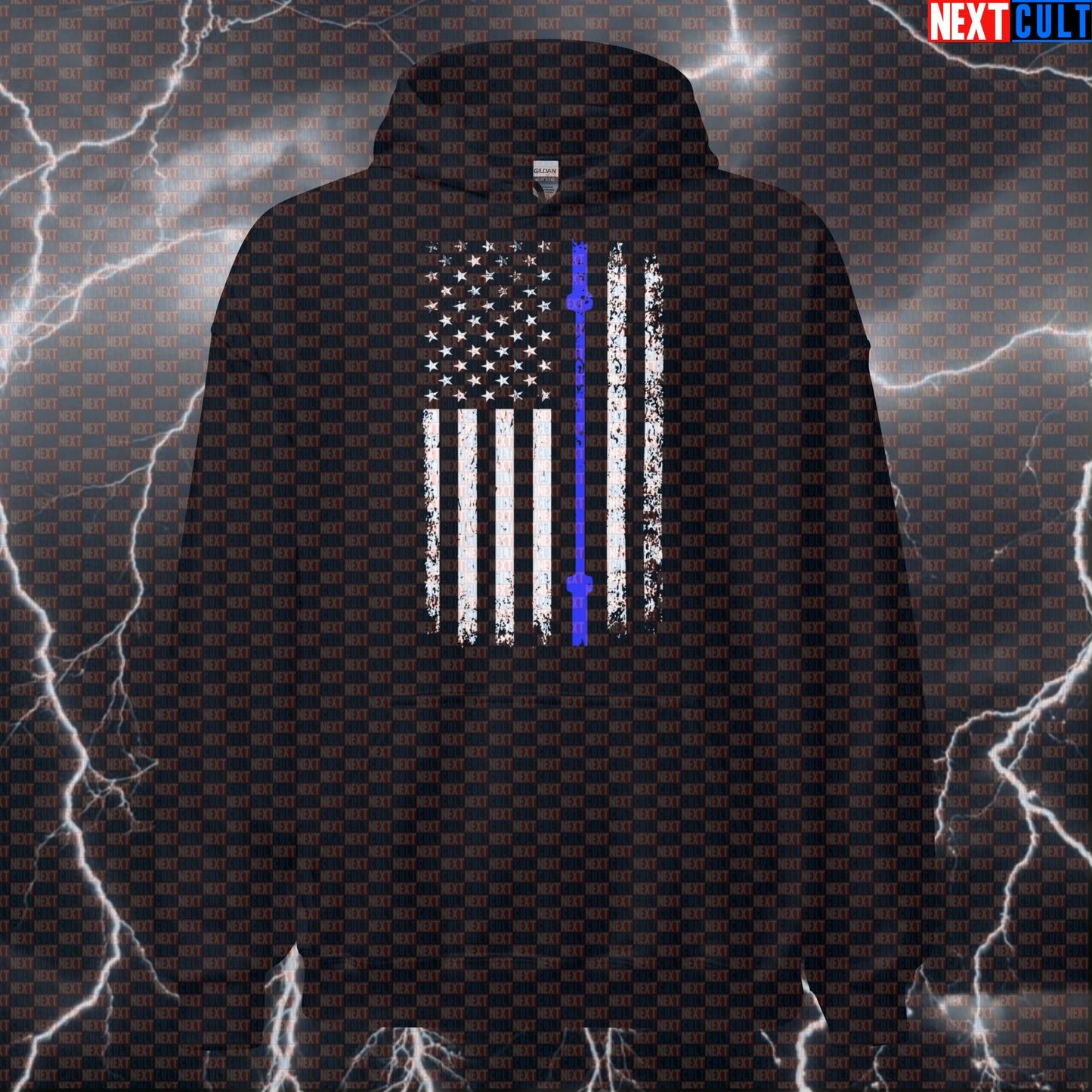 Thin Blue Line Gym Flag Hoodie | Patriotic Police & Lifting Honor Funny Workout Hooded Sweatshirt Hoodies 4th of July Fitness Gym Powerlifting Pump Cover Workout Next Cult Brand