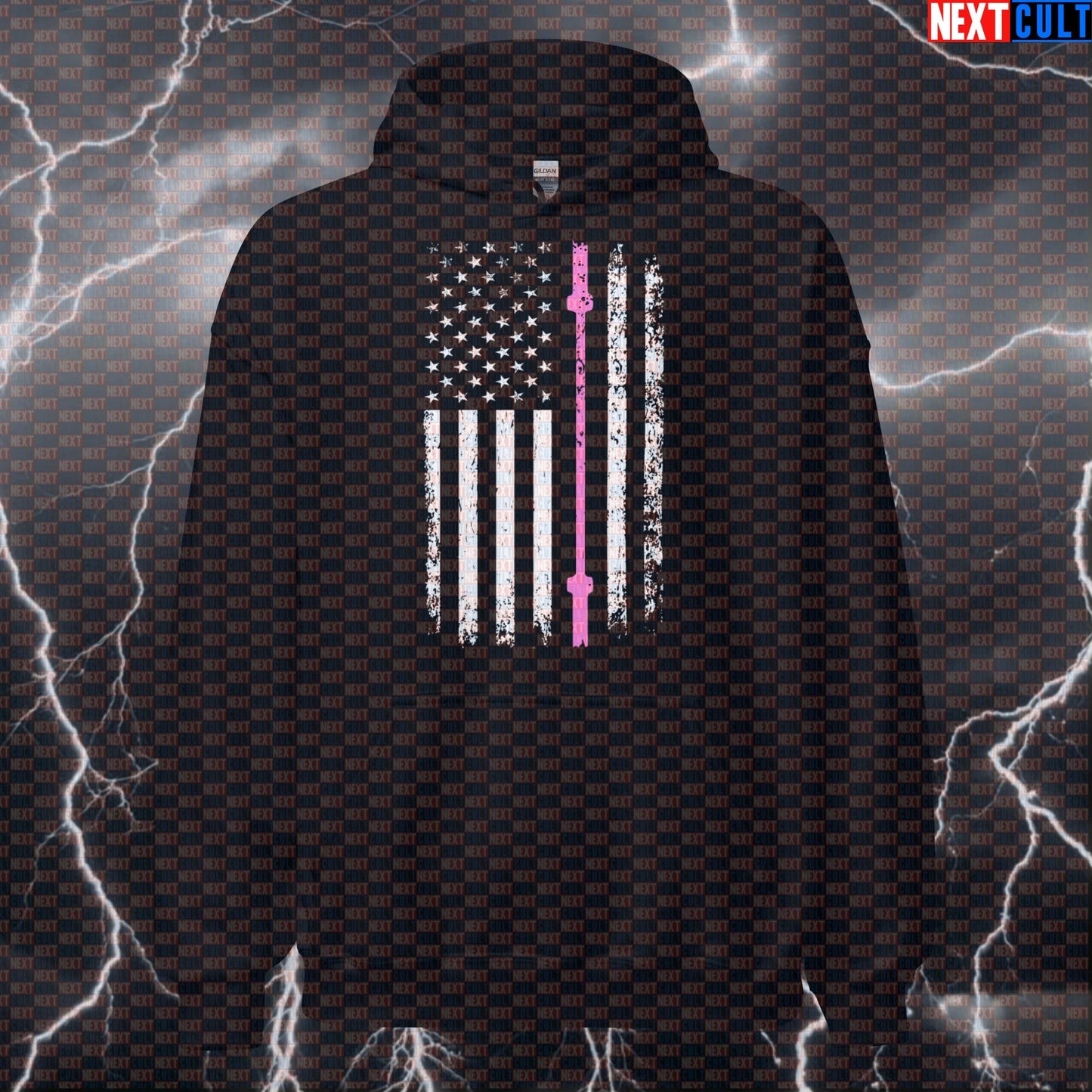 Thin Pink Line Barbell Flag Hoodie | Funny Gym Hoodie for Breast Cancer Awareness & Survivors Hoodies 4th of July Fitness Gym Powerlifting Pump Cover Workout Next Cult Brand
