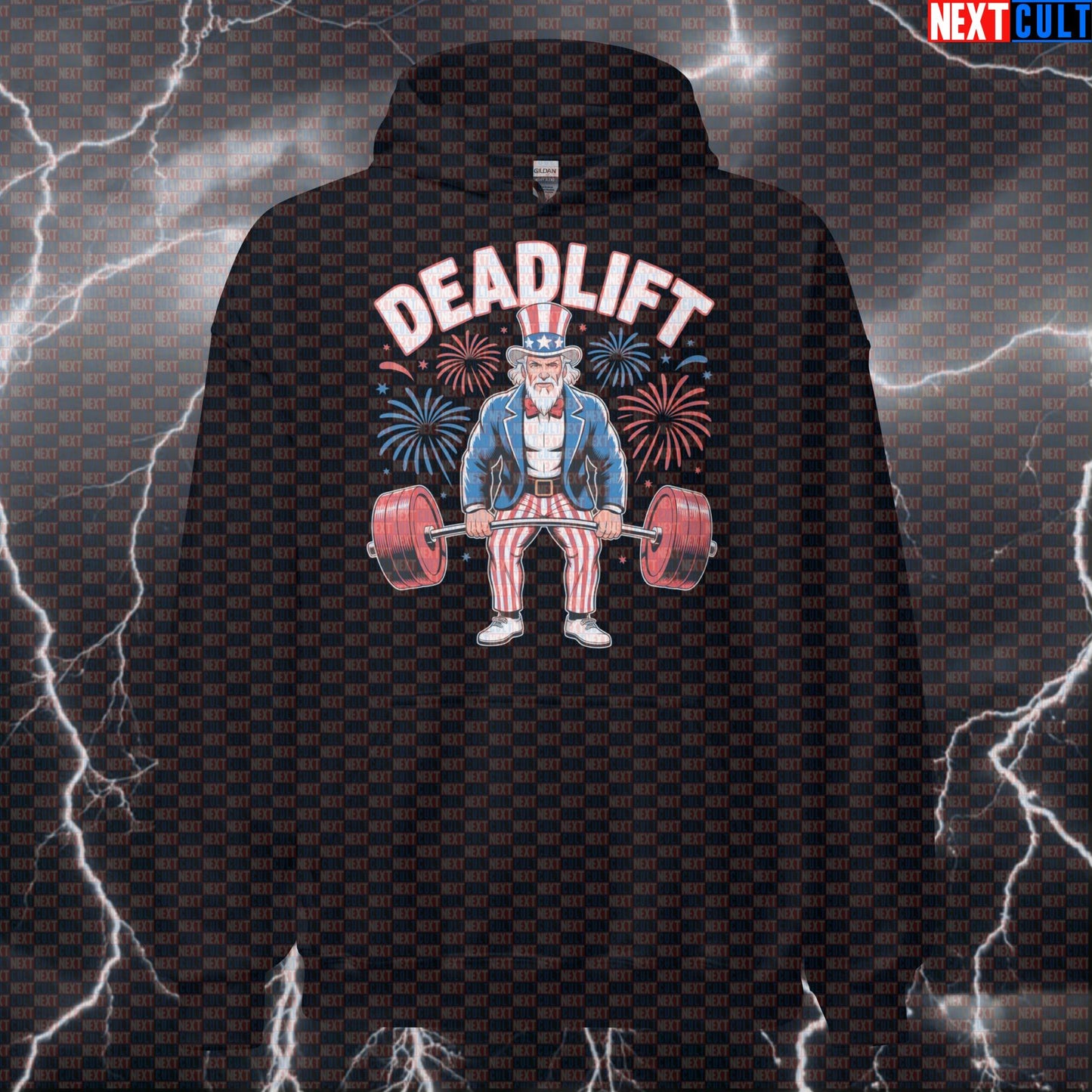 Uncle Sam Deadlift Patriotic Funny Gym Hoodie - 4th of July Hooded Sweatshirt Pullover Pump Cover 4th of July Bodybuilding Fitness Gym Leg Day Powerlifting Pump Cover Uncle Sam Workout Next Cult Brand