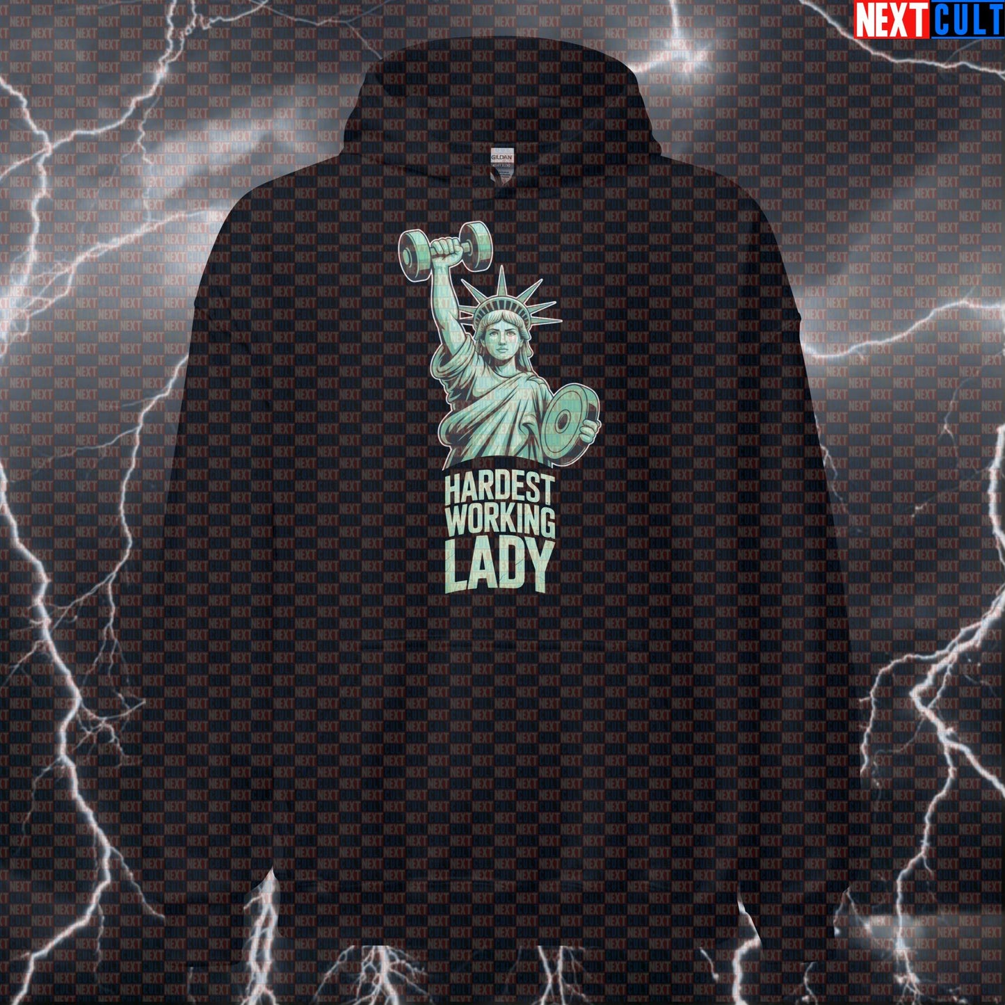 Hardest Working Lady Funny Gym Hoodie – Patriotic Statue of Liberty 4th of July Hooded Sweatshirt 4th of July Bodybuilding Fitness Gym Pump Cover Statue of Liberty Workout Next Cult Brand