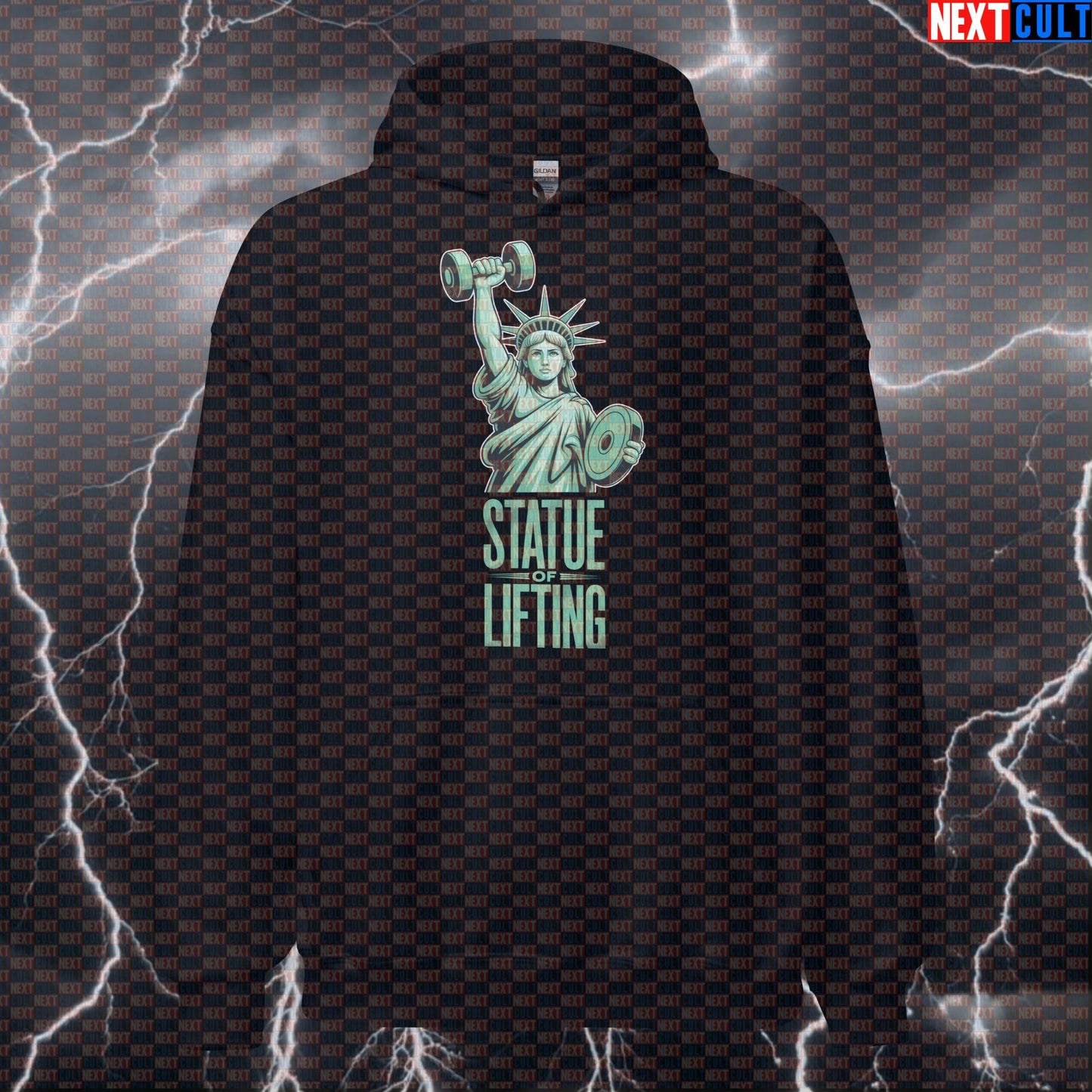 Funny Patriotic Gym Hoodie - Statue of Lifting 4th of July Hooded Sweatshirt Pump Cover 4th of July Bodybuilding Fitness Gym Pump Cover Statue of Liberty Workout Next Cult Brand