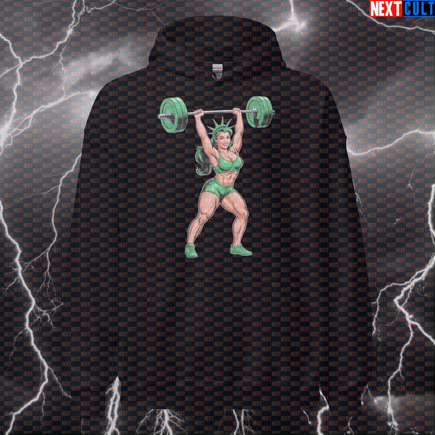 Funny Patriotic Gym Hoodie - Statue of Liberty Clean & Jerk Hooded Sweatshirt Pump Cover For July 4th 4th of July Fitness Gym Pump Cover Statue of Liberty Workout Next Cult Brand