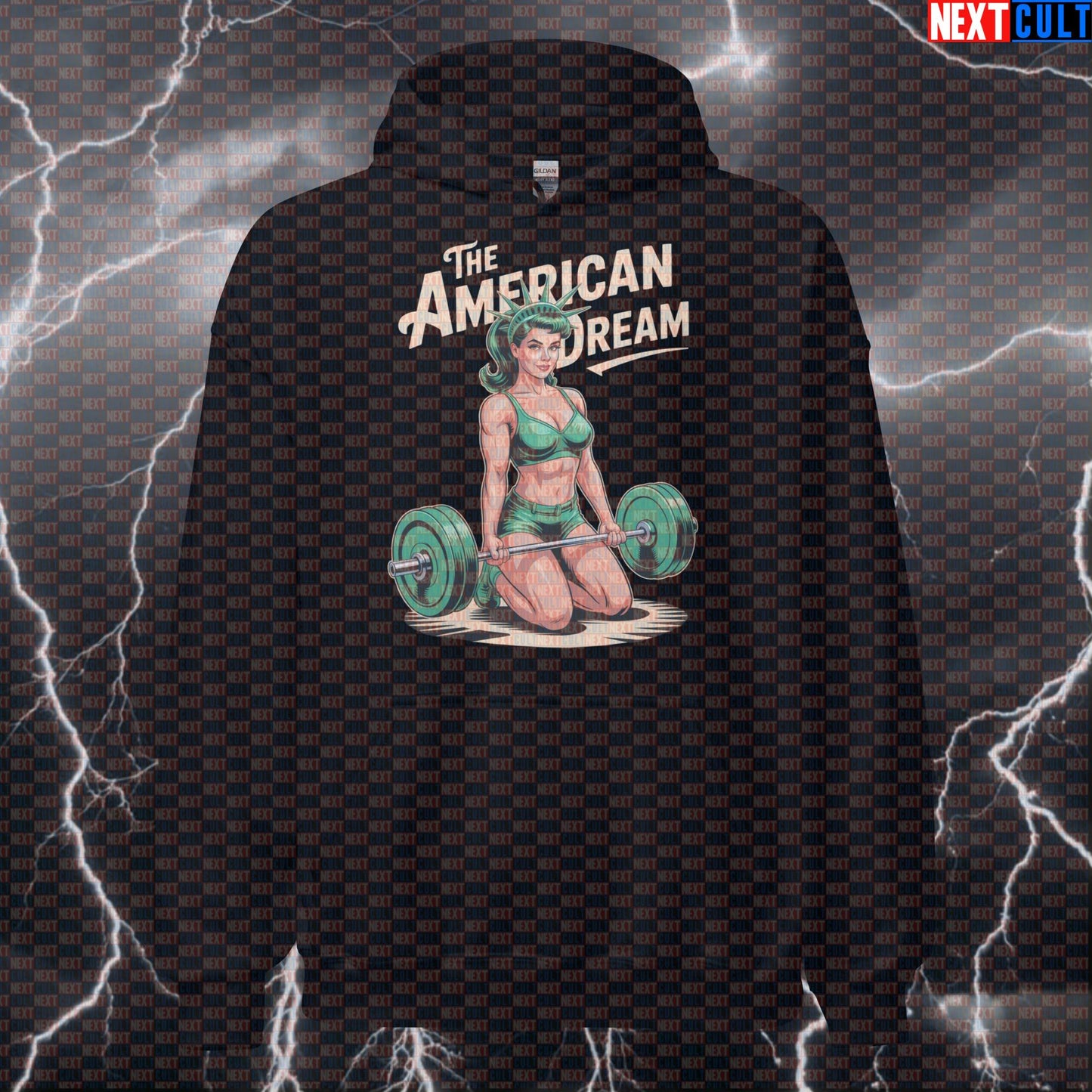 American Dream Funny Patriotic Gym Hoodie - 4th of July Statue of Liberty Meme Hooded Sweatshirt 4th of July Fitness Gym Leg Day Pump Cover Statue of Liberty Workout Next Cult Brand