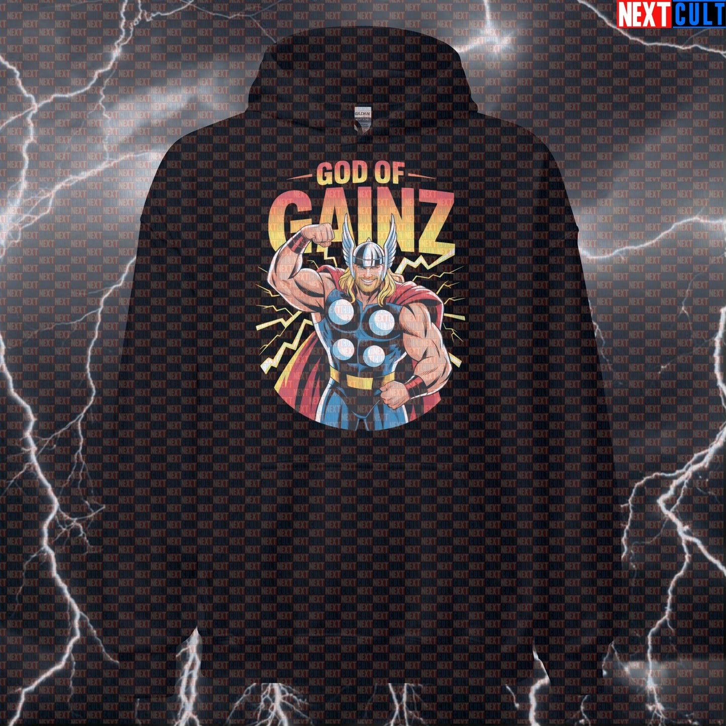 God of Gainz Funny Gym Hoodie - Viking Thor Workout Hooded Sweatshirt Pullover Pump Cover Avengers Bodybuilding Films Fitness Gym Pump Cover Superheroes Thor Vikings Workout Next Cult Brand