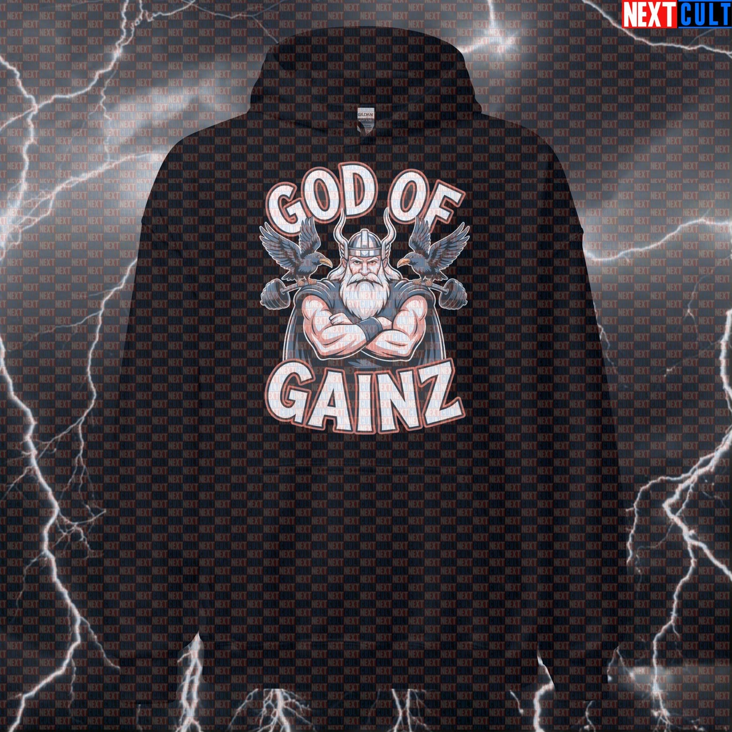 God of Gainz Funny Gym Hoodie - Viking Norse Workout Hooded Sweatshirt Pullover Pump Cover Hoodies Bodybuilding Fitness Gym Pump Cover Vikings Workout Next Cult Brand